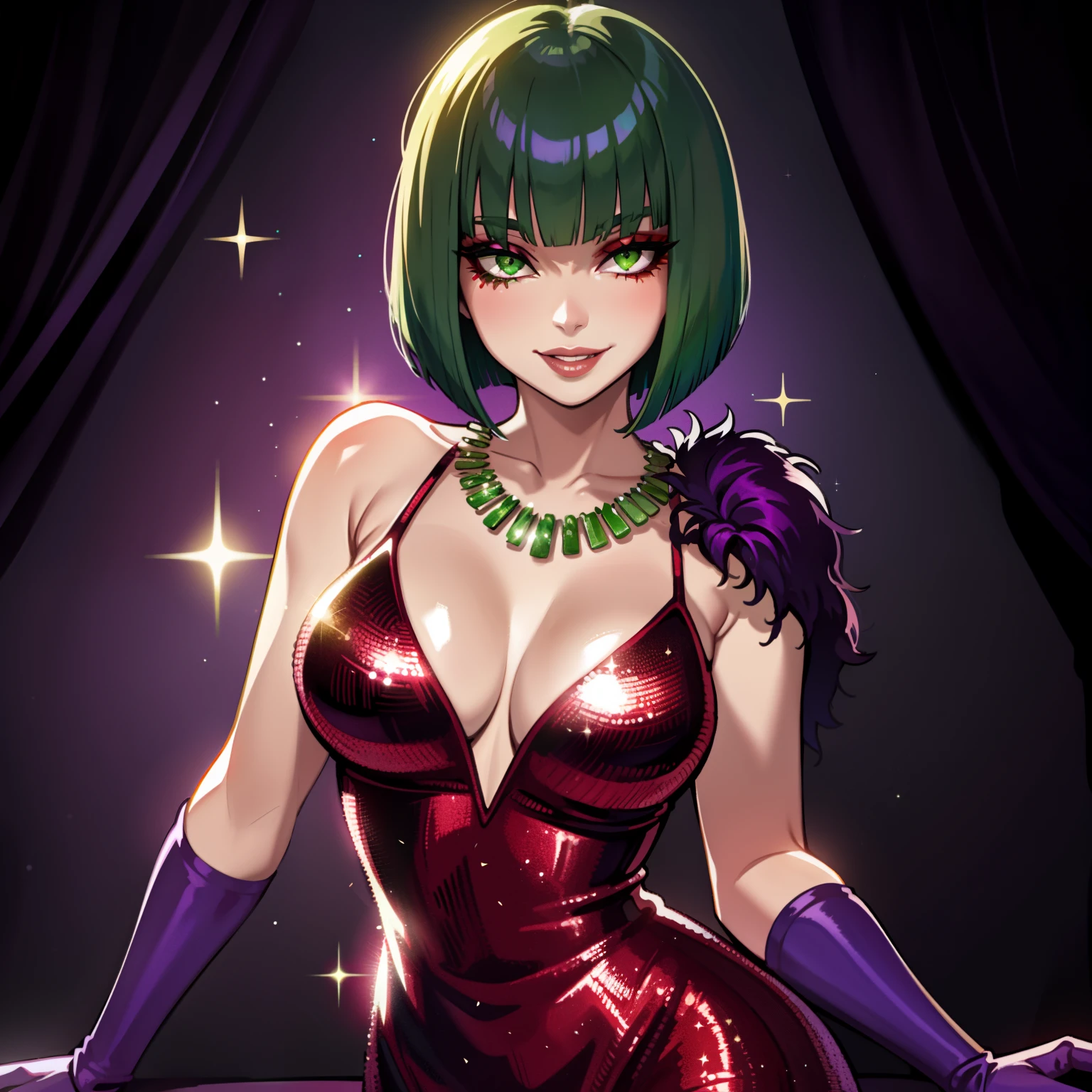 female with green fringe style bob haircut, red sequin sparkly dress, wearing long purple gloves, wearing pearl necklaces, dominant pose, seductive smile, alone, solo, alone, (SOLO)(ALONE)