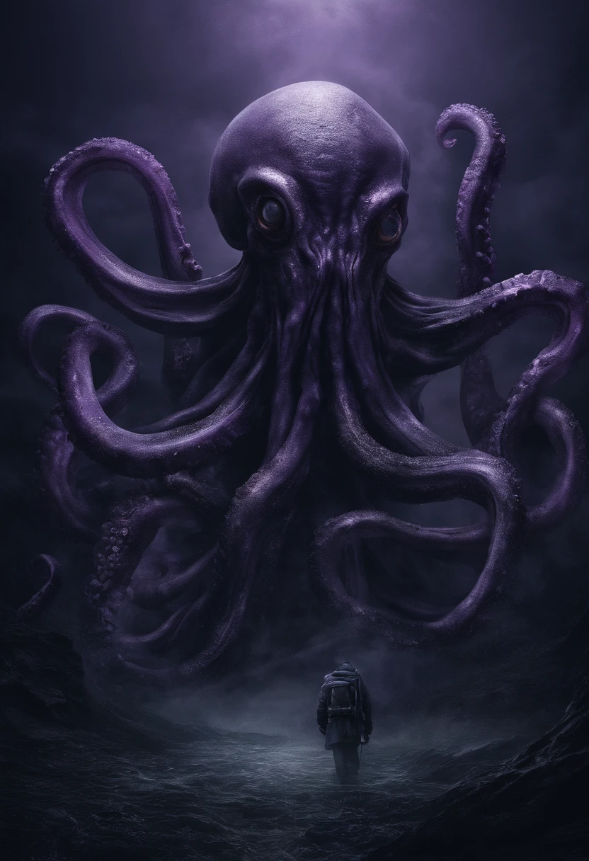 Giant octopus monster，Cthulhu in the Cthulhu Mythos，University teacher&#39;Looking directly at，extremely dangerous，The huge body is shocking，spread throughout the sky，The horror of despair，The atmosphere is oppressive，The scene is very spectacular，Hero holding sword，Fight back bravely,True colors