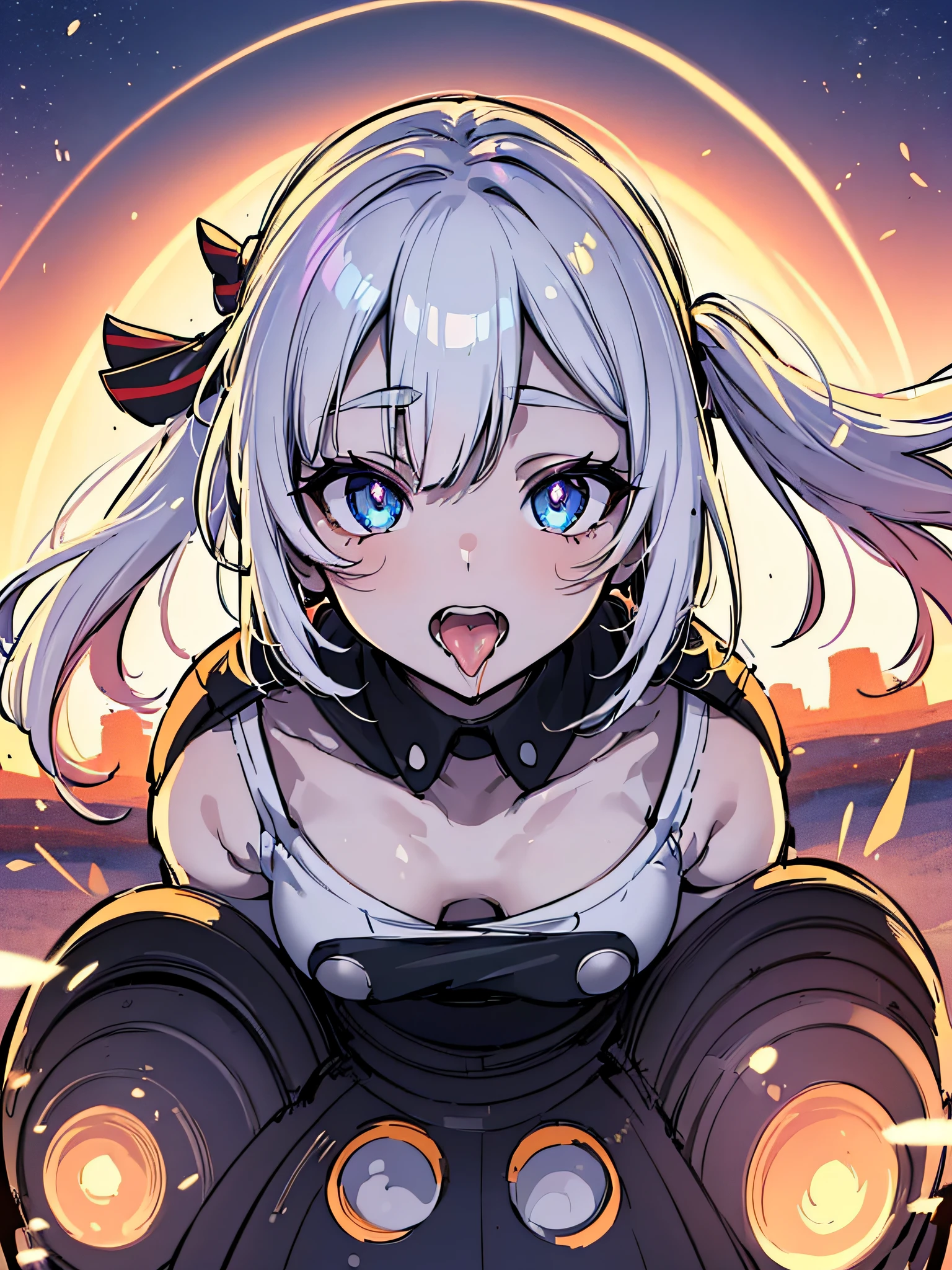 girl with an ahegao face, drooling rainbows, making a victory sign in her mouth, heterochromic eyes, half white half black hair, short white shirt with a low neckline, loose balloons in the background, (ultra-realistic), {unity wallpaper Extremely detailed 8k CG}, expansive landscape photography, (a low view that prioritizes character and setting, (wide open field view), (low angle shot), (high light: 1.2), (high light: 1.5 ), (warm light source: 1.2), complex details, (iridescent colors: 1.5), (bright lighting), (atmospheric lighting), tempting, sexy, solo1