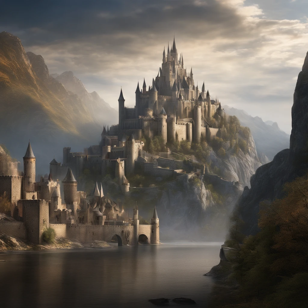 masterpiece, best quality, hd, hyper detailed, epic city, a white glorious medieval city, medieval, fantasy rpg, castle, perfect light, large city, minas tirith, giant dragon behind, high bright, ultra hd