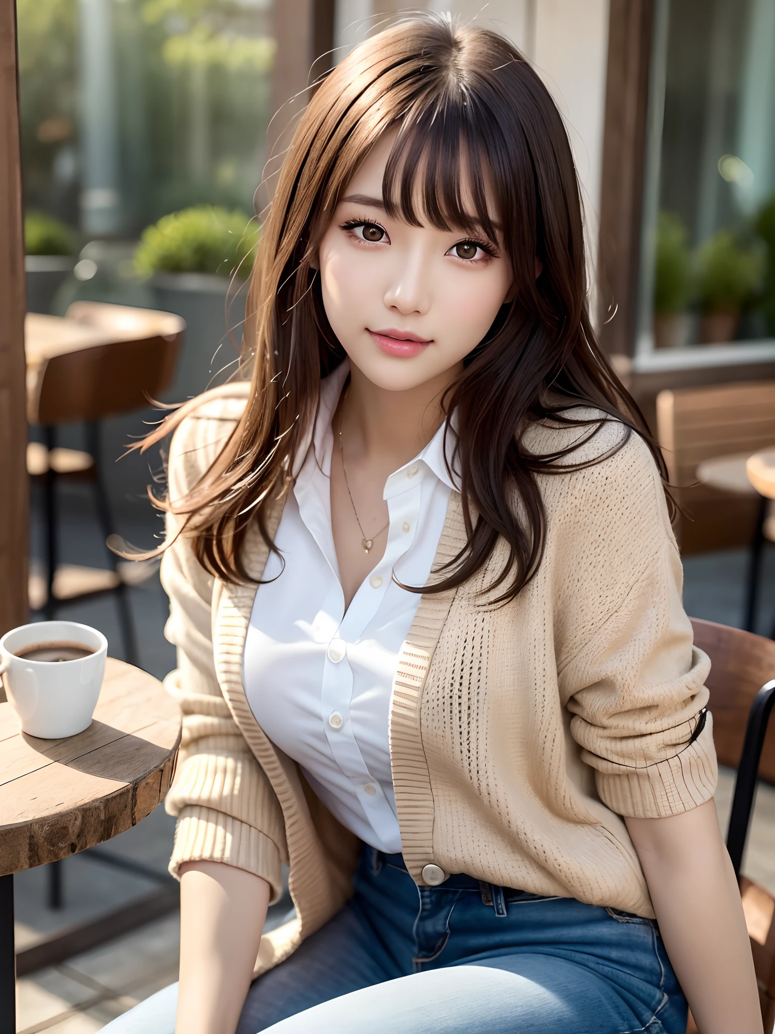 product quality, 1 girl, cowboy shot, front view, a Japanese young pretty girl, long bob hair, wearing a marriage ring, sitting with a big smile on a chair in front of a table in outdoor cafe, coffee cup and a toast on the table, wearing a long length light yellow cardigan over a satin silk white shirt with collared, wearing light brown long jeans, hyper cute face, glossy lips, double eyelids for both eyes, natural makeup, shiny smooth light brown hair of long bob hair, asymmetrical bangs, tanned skin, high resolution, high detail, detailed hairstyle, detailed face, cinematic lighting, octane rendering, hyper realistic, perfect limbs, perfect anatomy