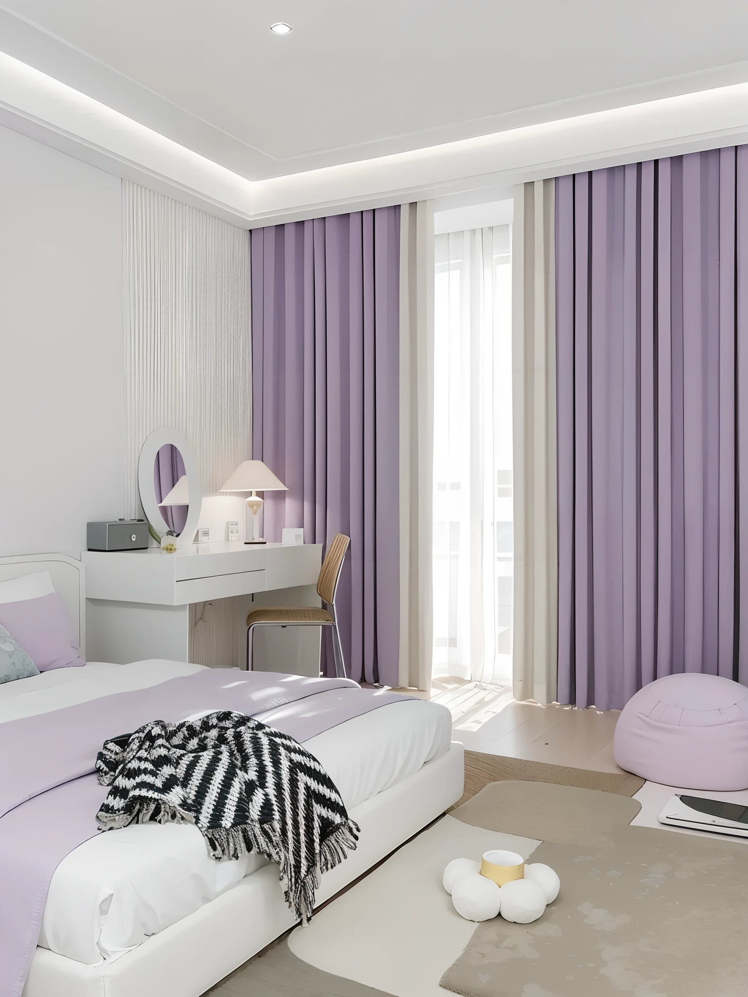 Arafeld bedroom with bed, desk, There is also a chair inside, purple drapery, light violet, modern pastel colours, Soft and dull colors, bright pastel color, Lavender and yellow color scheme, Violet color scheme, Pastel color, purple color-theme, purpleish color, violet colors, purple color-theme, bold pastel colors, Dull pastel colors