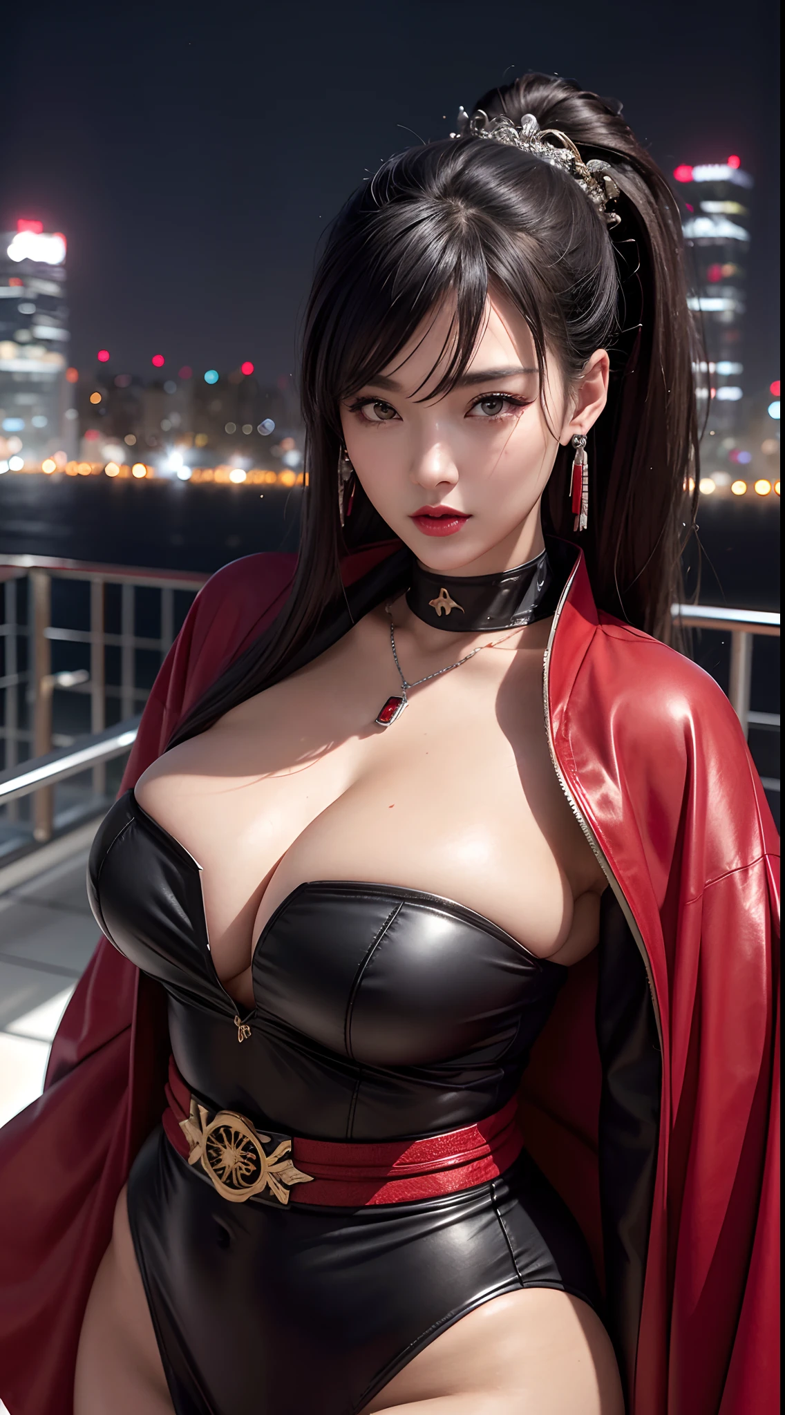 (hyper realstic)、Modern kunoichi、(Female Ninja of the 21st Century)、Beautie high-level image quality hight resolution (Realistic) Shorthair、Woman with dark hair、A MILF、Middle-aged woman、Big big、Detailed red-black 、detailed skin textures、超A high resolution、Realistic、Voluptuous body shape、angry looking face、Middle-aged beauty、Beautiful expression、With detailed red-black areola 、detailed brown eyes、long fluffy hair、Kamimei、Very delicate and detailed skin texture、35 years old、{There is a helipad at night((Being on the roof of a skyscraper))}、Modern kunoichi、Large cleavage、Large open neckline、bright red lips、Wearing a luxurious and luxurious ninja kimono in Gun Metallic、ear ornament、Silver collar and necklace、gorgeous hair decoration、