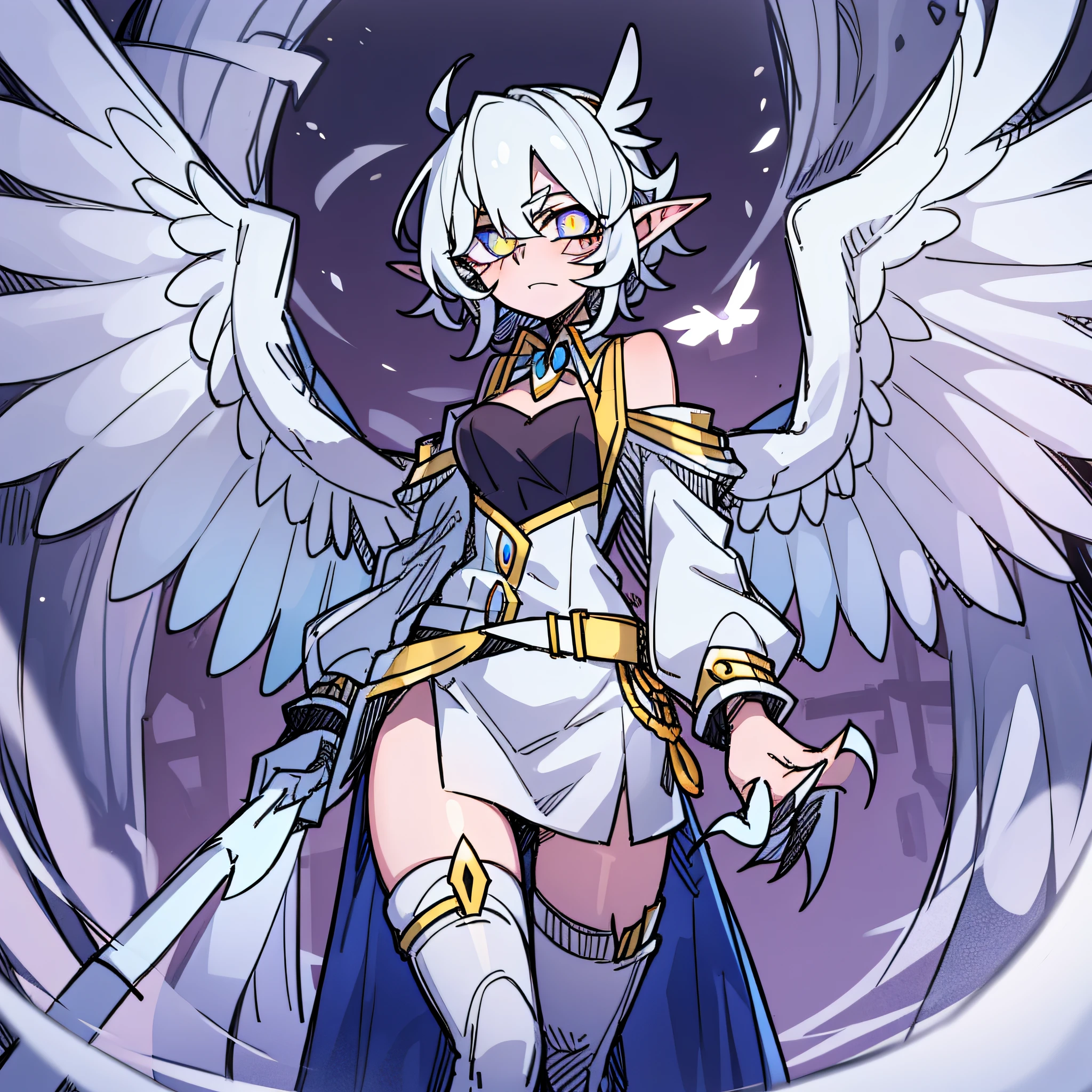 masterpiece, best quality, 1girl, solo, standing, short hair, white hair, one violet eye and one white eye, scar in eye, elf ears, HARPY, white BIRD WINGS, white BIRD LEGS, BIRD TAIL, CLAWS, one mechanic leg, blue jacket, black top