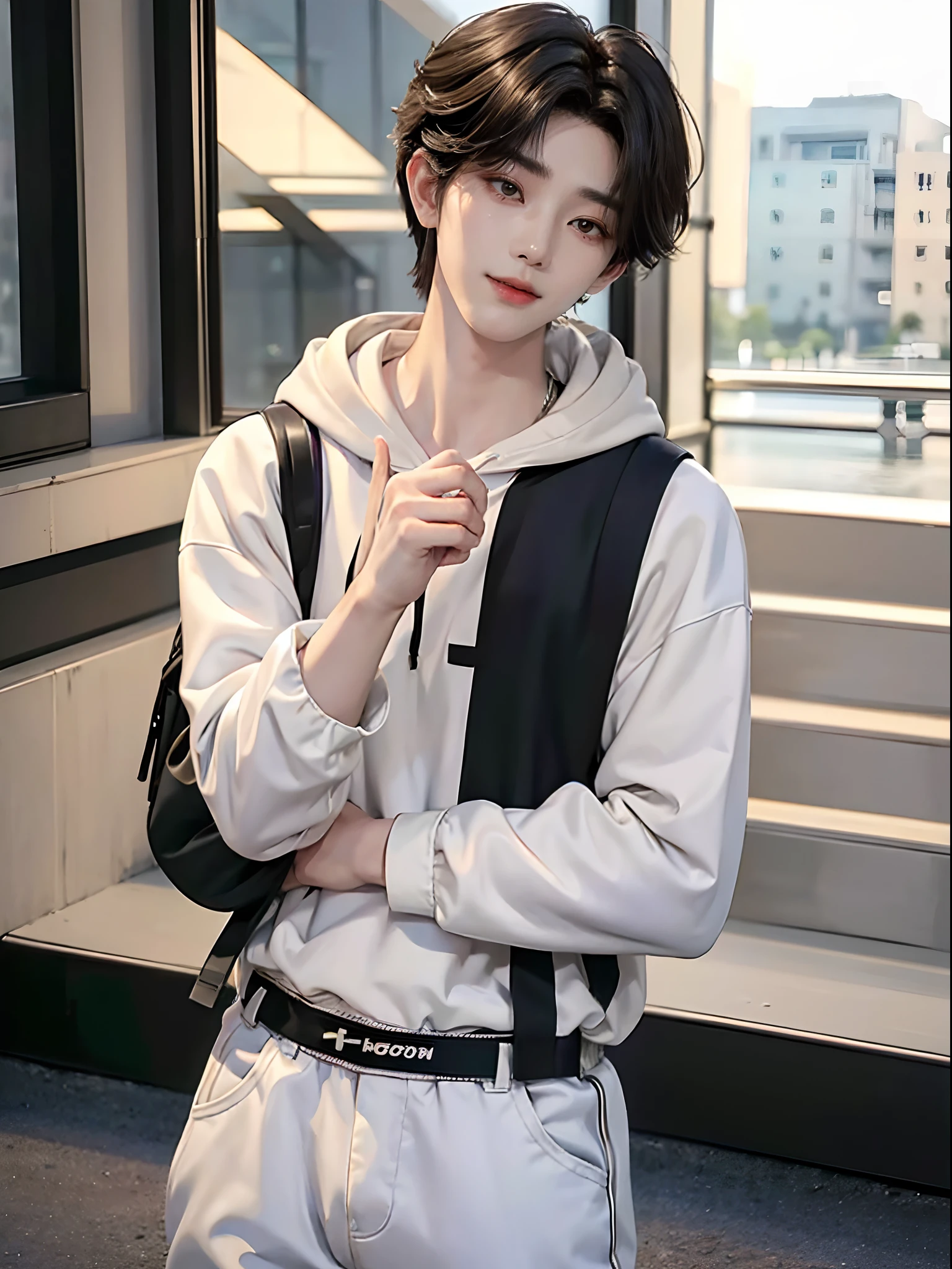 ((4K works))、​masterpiece、（top-quality)、((high-level image quality))、Happiness、((One Manly Boy))、K-pop idol photos、Slim body、((Stylish black hoodie and white pants))、((Carrying a black backpack))、(Detailed beautiful eyes)、With amazing city views in the background、On the way to work、Face similar to Chaewon in Ruseraphim、((short hair above the ears))、((Smaller face))、((Neutral face))、((Light brown eyes))、((Korean boy))、((18year old))、((Handsome man))、((Gentle smile))、((Korean Makeup))、((elongated and sharp eyes))、((Zoom up to face))、((Face enhancement))、((Focus zoom in))、((Walk in front of the viewer))、((Photos of only one person))、Professional Photos