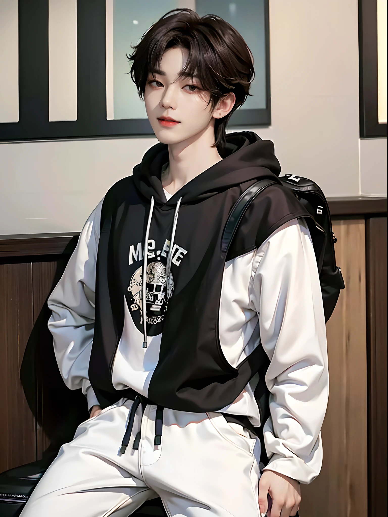 ((4K works))、masterpiece、(top-quality)、((high-level image quality))、Happiness、((One Manly Boy))、K-pop idol photos、Slim body、((Stylish black hoodie and white pants))、((Carrying a black backpack))、(Detailed beautiful eyes)、With amazing city views in the background、On the way to work、Face similar to Chaewon in Ruseraphim、((short hair above the ears))、((Smaller face))、((Neutral face))、((Light brown eyes))、((Korean boy))、((18year old))、((Handsome man))、((Gentle smile))、((Korean Makeup))、((elongated and sharp eyes))、((Zoom up to face))、((Face enhancement))、((Focus zoom in))、((Walk in front of the viewer))、((Photos of only one person))、Professional Photos