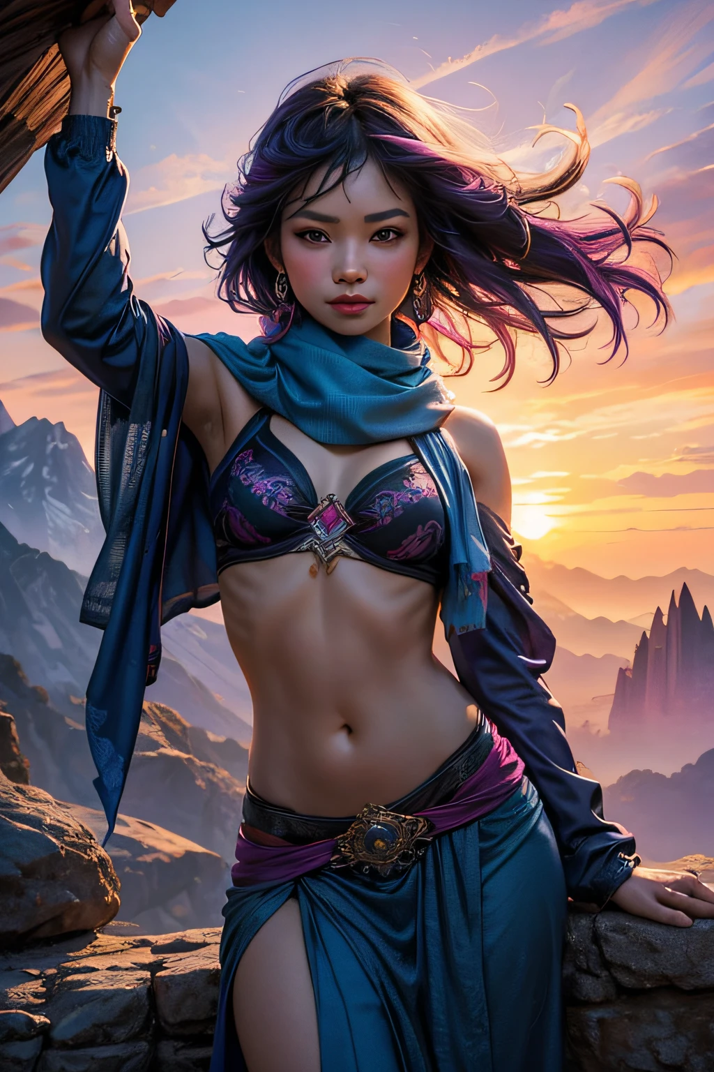 a girl pointing to her eyes in a blue head scarf, in the style of intense color saturation, martin rak, mark keathley, macro lens, dark white and light magenta, intense coloration, art of burma
