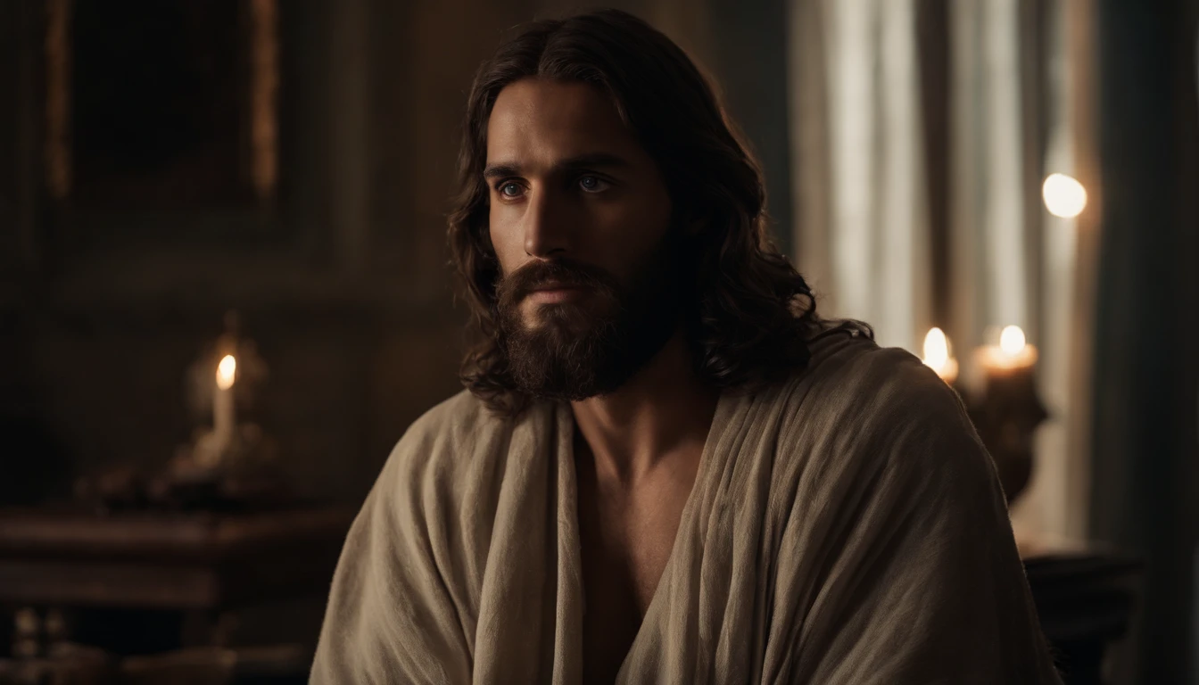 Crie uma imagem de um homem dos tempos de jesus, precisa ter olhos azuis, cabelos longos claros e barba