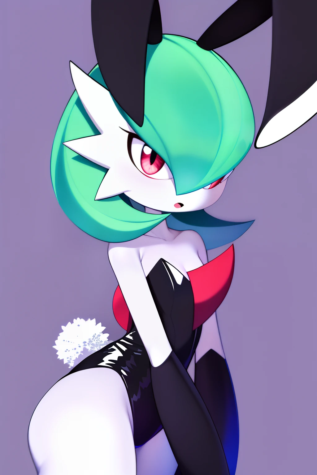 masterpiece, best_quality, 1girl, solo, gardevoir, creatures \(company\), game freak, nintendo, pokemon, pokemon \(game\), bangs, colored skin, female focus, gen 3 pokemon, green hair, green skin, hair over one eye, multicolored skin, pokemon \(creature\), red eyes, short hair, two-tone skin, white skin, playboy bunny, black leotard,
