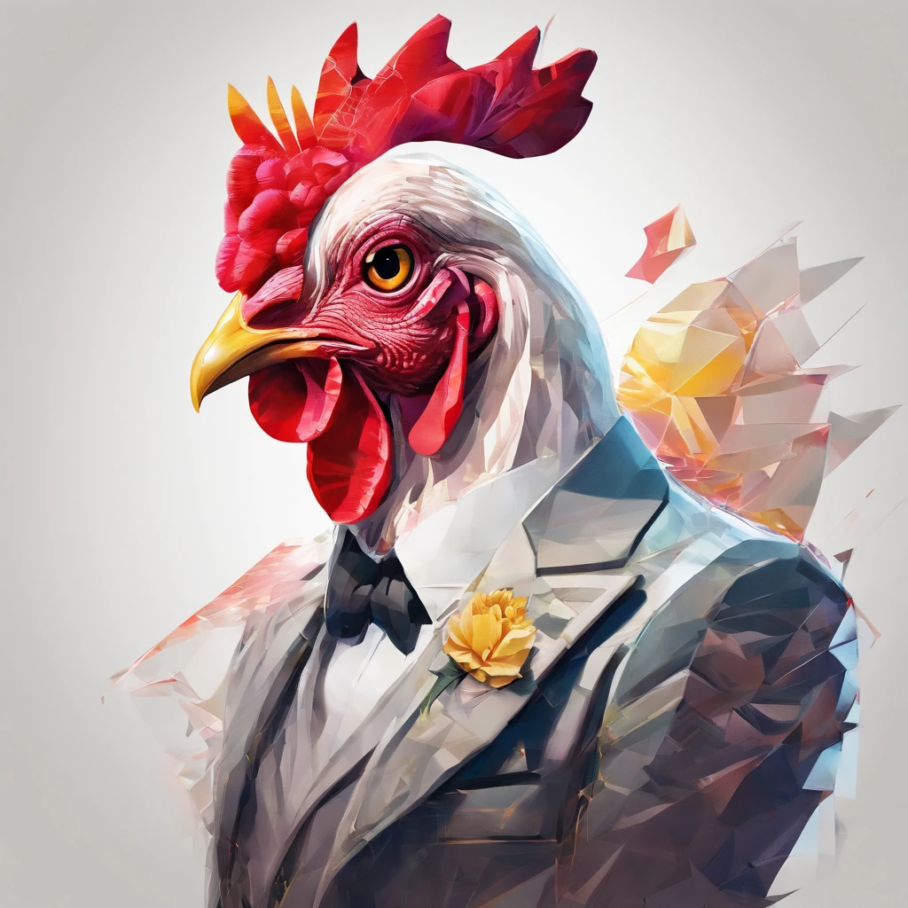 body builder、Only the head is a chicken human、colourfull、Perfect alignment, body builder、Chickens only the head,Crystal Vase,Rose flower, Wearing sunglasses, cheerfulness, Standing position, Abstract beauty, Centered, Looking at the camera, Facing the camera, Approaching perfection, Dynamic, Highly detailed, Smooth, Sharp Focus, 8K, hight resolution, Illustration, art by carne griffiths and wadim kashin, White background、Kitchen car、body builder、Man with a chicken head、Create a captivating photoshoot featuring Chicken Man, Wear a magnificent tanjak as a traditional headpiece. A majestic head places a chicken human on an enchanting grand throne, Castle in Another World. Use creative editing techniques、Head blends chicken human and luxurious settings seamlessly, Elevate the overall atmosphere with subtle magic and ethereal elements. This piece should evoke a strong sense of awe, power, and Enchanted, Head dressed in glittering yellow costume、Invites viewers into an enchanting and mythical world ruled by a human chicken king、full body Esbian、total、fights