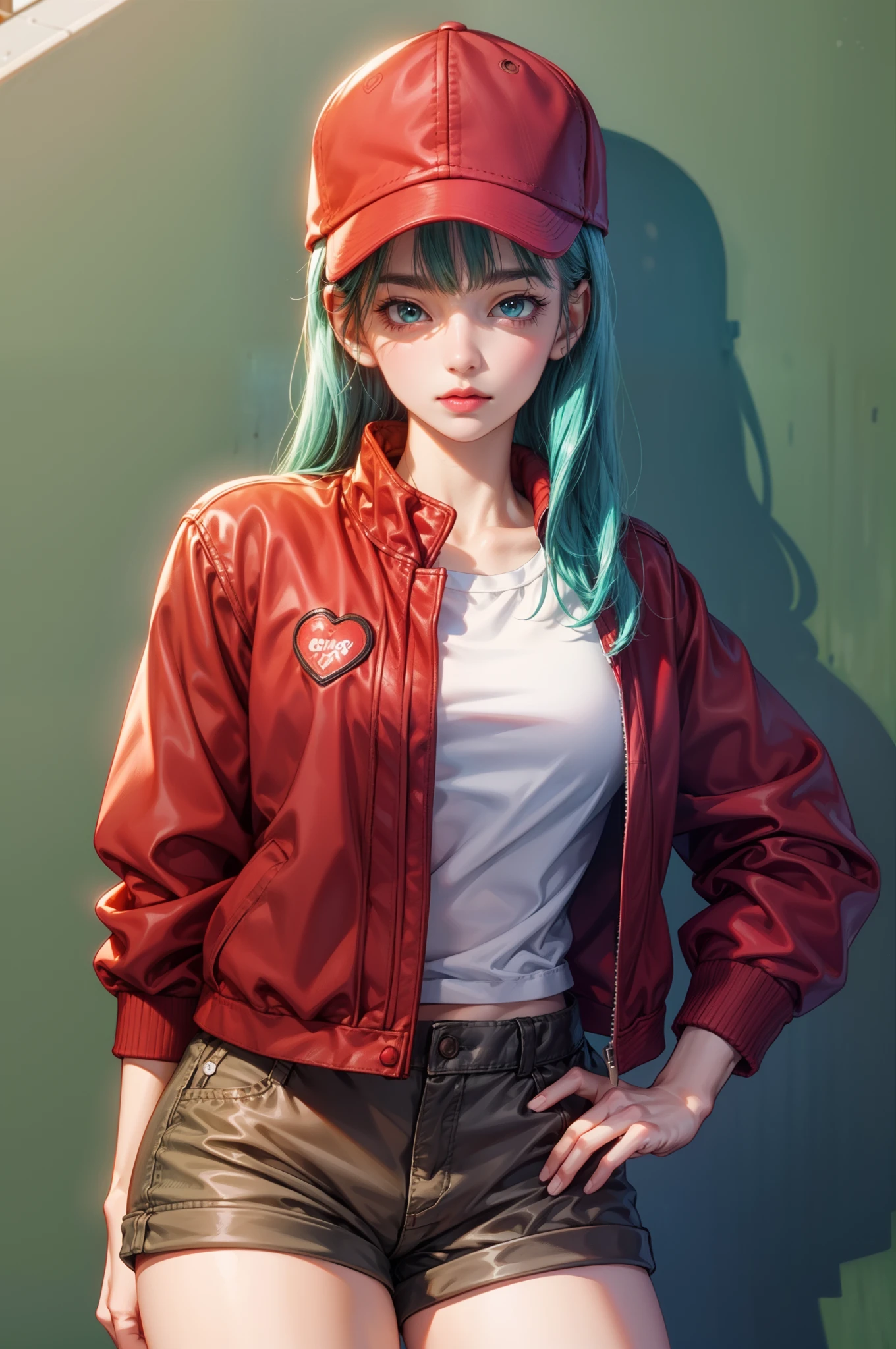 dragon ball, blmlong, bulma, aqua hair, long hair, shorts, brown shorts:1, baseball cap, red cap, red headwear, red jacket, leather jacket, white shirt:1.2, cowboy shot, perfect eyes:1.2, detailed eyes:1.6, Ultra-realistic 8K CG, masterpiece, ((ultra-detailed background, delicate pattern, intricate details)), best quality, intricate details, 1girl, solo, (masterpiece:1.6, best quality)