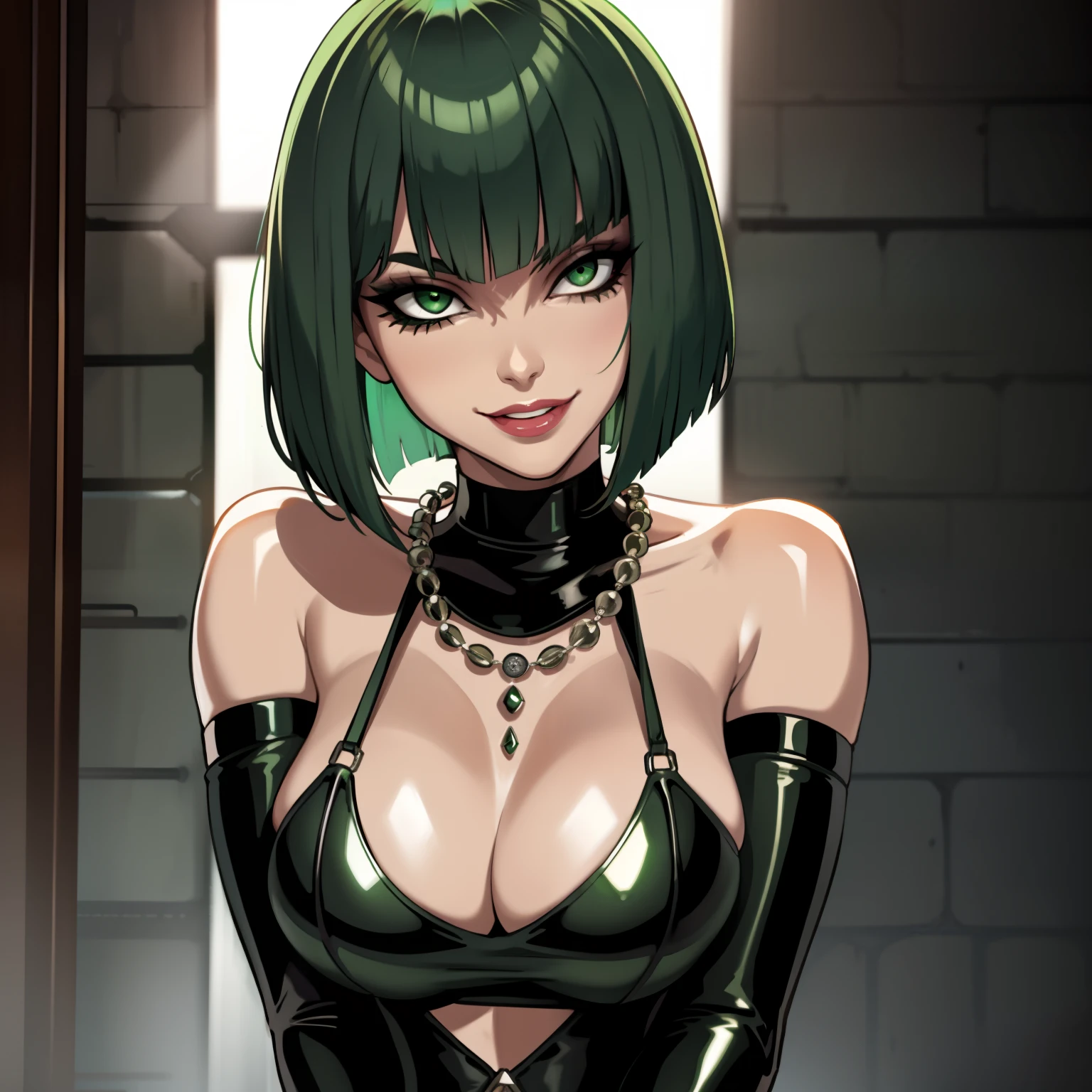 female with green fringe style bob haircut, wearing BDSM dominatrix gear, wearing pearl necklaces, dominant pose, seductive smile, alone, solo, alone, (SOLO)(ALONE)