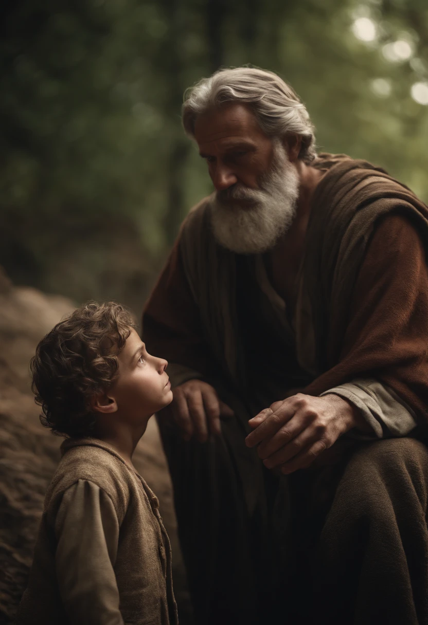 Portrait of Abraham saying goodbye to Ishmael, um  de 7 anos, land of Canaan, ultra realista em 8k, dimension 16:9