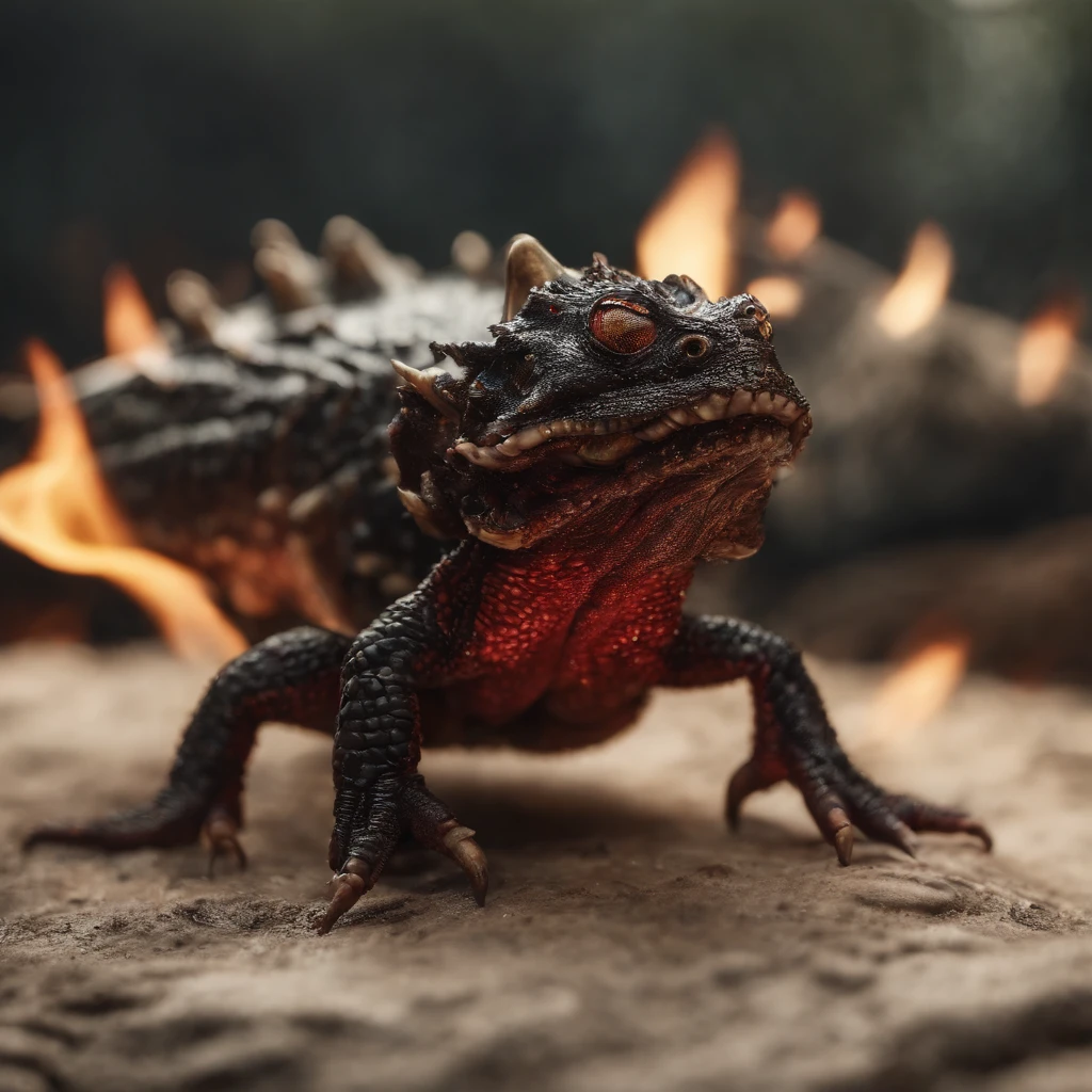 Jin Tianlong，piercing red eyes,Close-up of blood fire released from the nose,Chest scales,high high quality,8K,Many details,Fire lettuce,Alas,4 legs,Spotted claws,golds,dangers,fires,dentes pontiagudos,big dragon,immensity,threatening,imponent