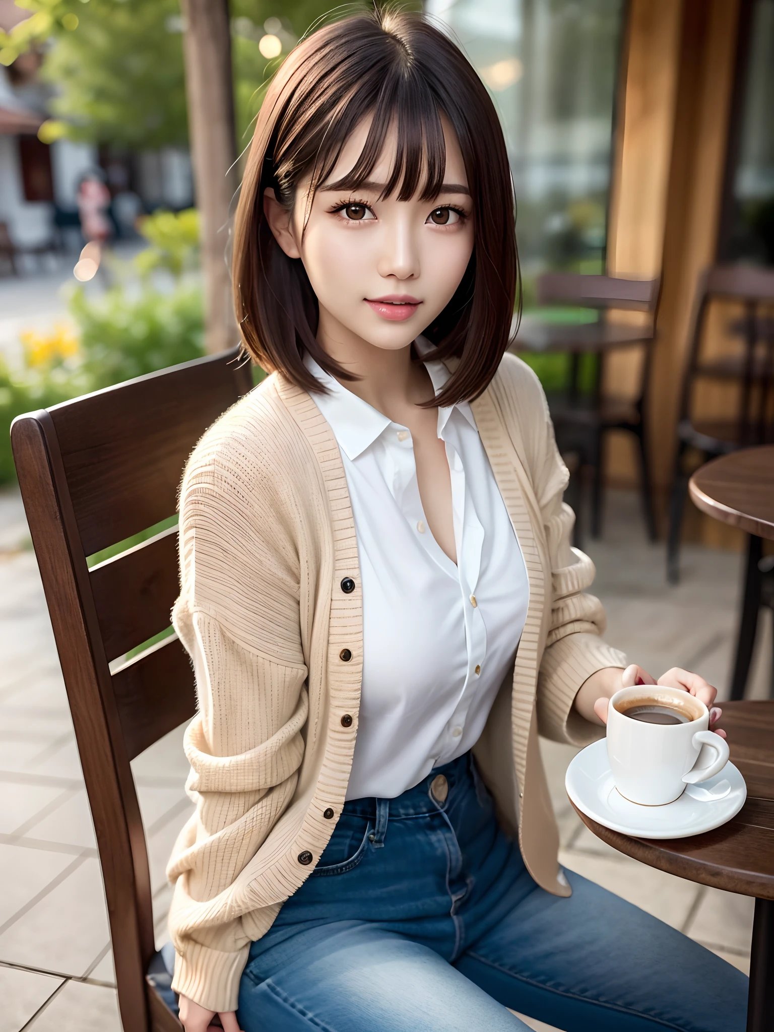 product quality, 1 girl, cowboy shot, front view, a Japanese young pretty girl, long bob hair, wearing a marriage ring, sitting with a big smile on a chair in front of a table in outdoor cafe, coffee cup and a toast on the table, wearing a long length light yellow cardigan over a satin silk white shirt with collared, wearing light brown long jeans, hyper cute face, glossy lips, double eyelids for both eyes, natural makeup, shiny smooth light brown hair of long bob hair, asymmetrical bangs, tanned skin, high resolution, high detail, detailed hairstyle, detailed face, cinematic lighting, octane rendering, hyper realistic, perfect limbs, perfect anatomy