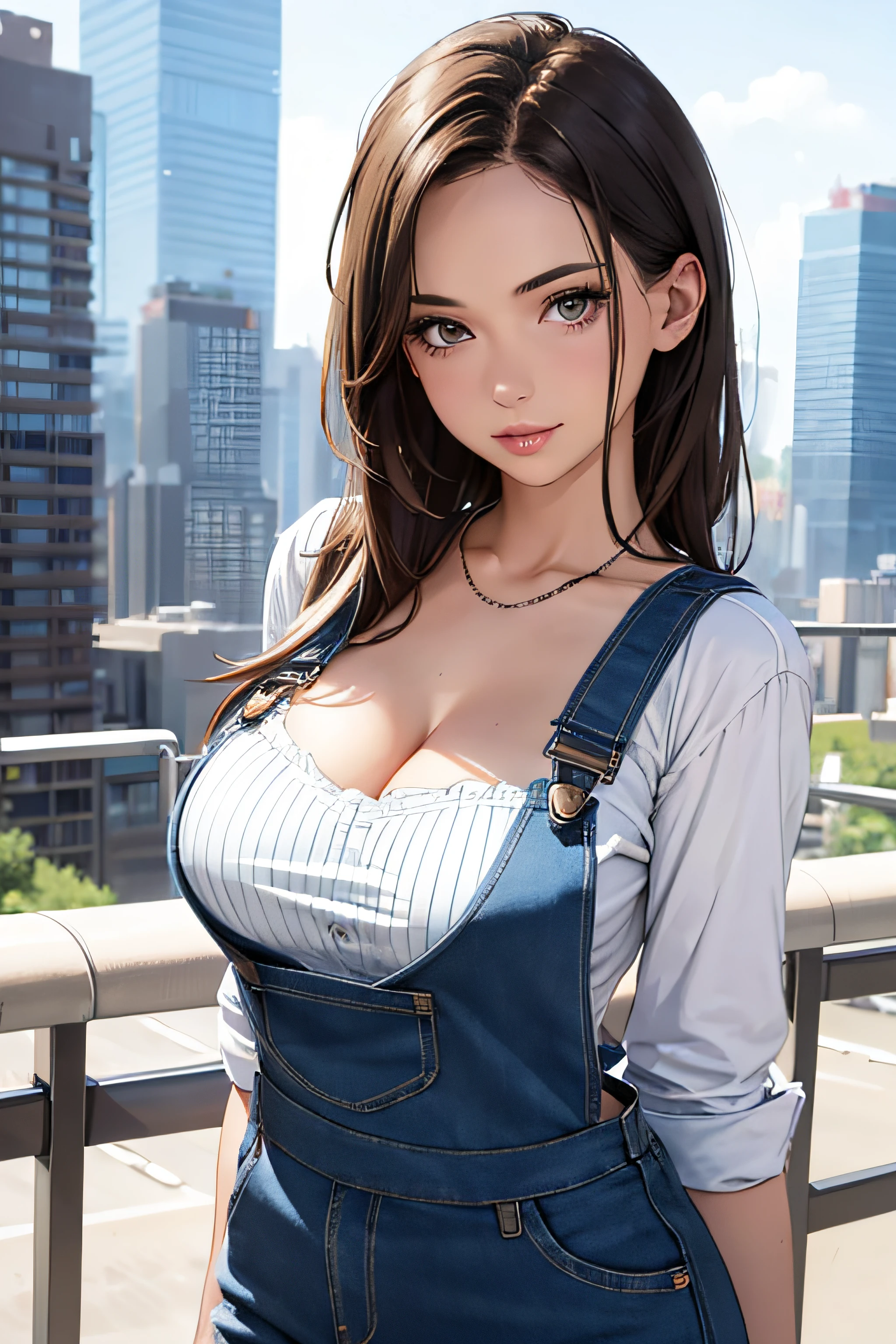 girl with shirt, overalls skirt, medium breasts, cleavage, cityscape, flirtatious look, ((very detailed)), (perfectly detailed face), (well detailed hand) photorealistic image.