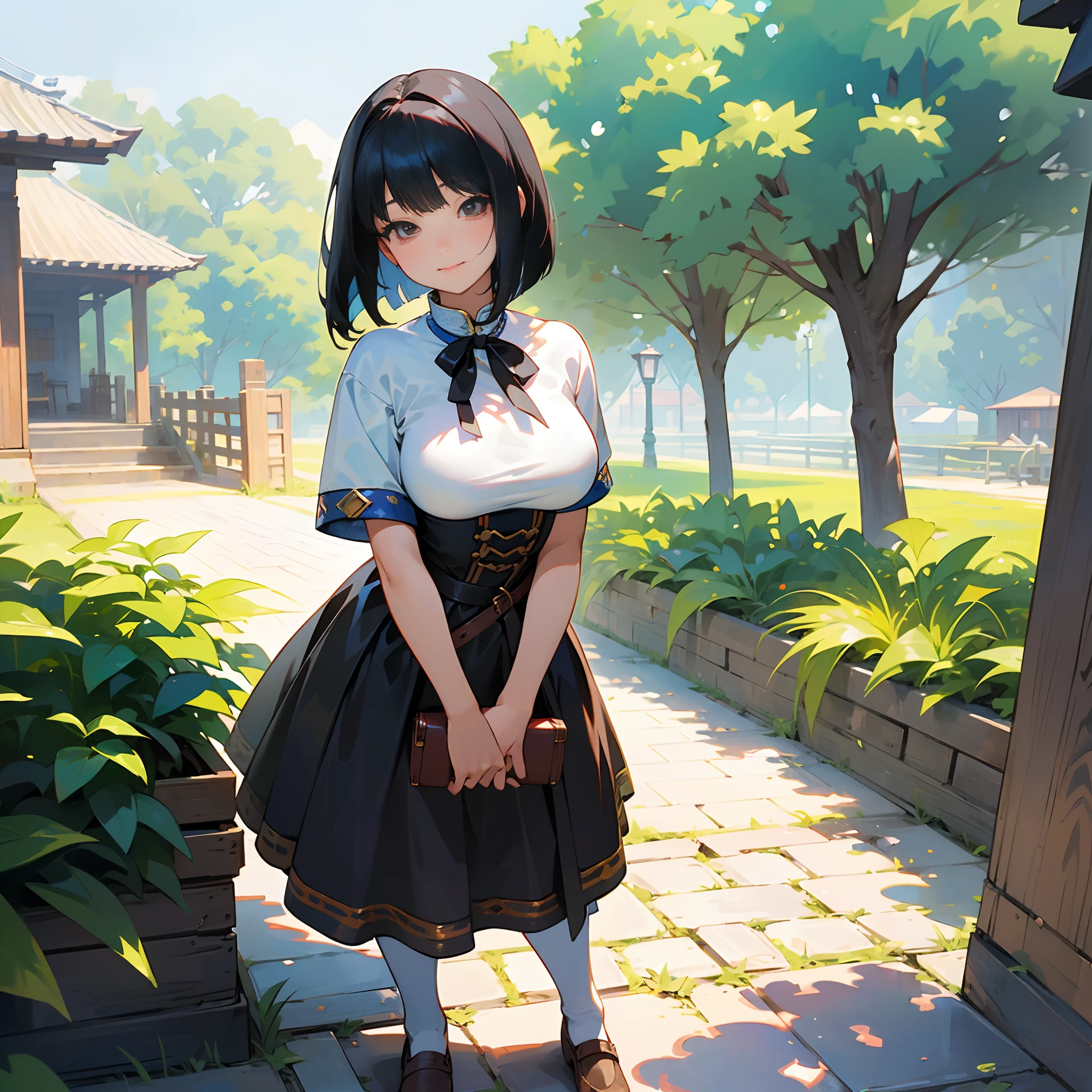 With the best image quality、 girl standing alone outdoors。In high resolution、Beautiful fine details、tranquil atmosphere。((Black Hair Bob Hair))、Cute smile。(((breasts are large)))、I don't have anything in my hands、realistic hand、Medieval European national costume with short sleeves、Medieval European Streets、Leather shoes。