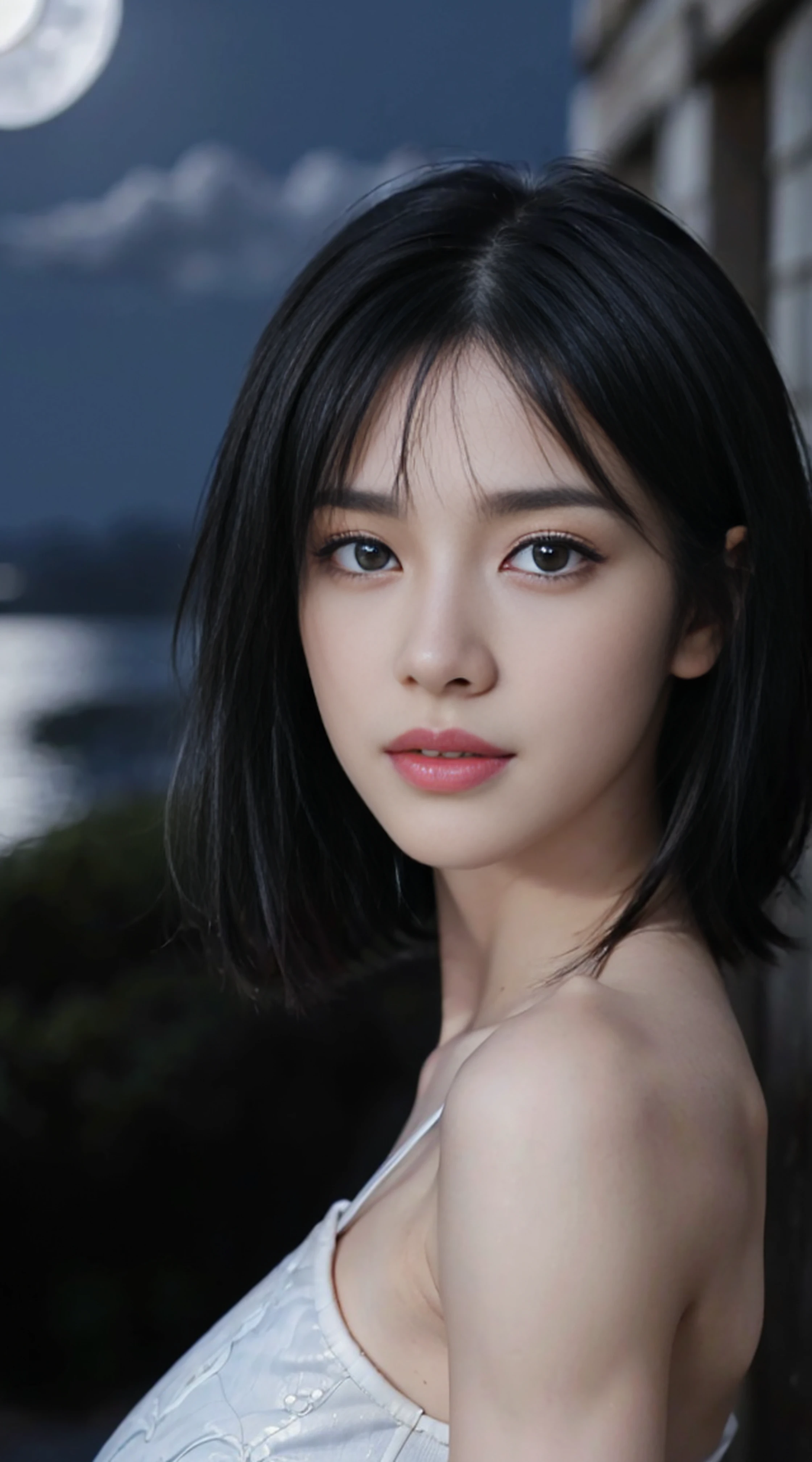 8K, Top Quality, Intricate Details, Ultra Detail, Ultra High Resolution, Masterpiece, random angle, mikasa ackerman, Slender, Smile, (Makeup: 0.4), (Fluffy Blue Eyes: 1.21), blue Eyes,, ((full body)), 1girl, solo, 1 girl, (( full body)), close-up shot, , , ((tall)), (((fit body))), (((slim face))), sharp face, sharp eyes, (((black hair, medium hair, bangs )) ,(detailed face), sharp face, small lips, thin lips,
((crop top)), detailed face, detailed breast, , large breast, detail, , Beautiful girl with accentuated slender abs: 1.4, Six Pack Abs: 1.4, Bust Botox, Big, Perfect Body, detail leg, (( moonlight)), ocean