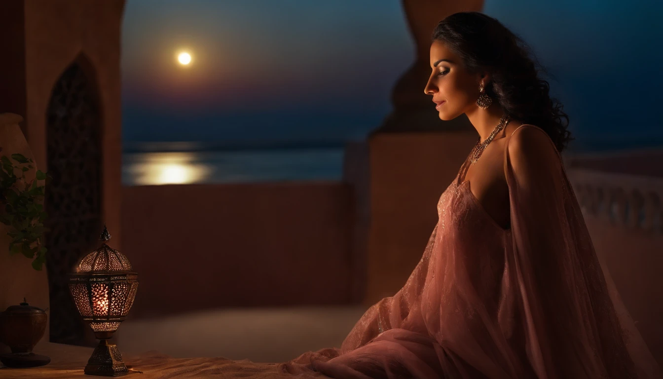 hyper realistic photo, fotografia ultra detalhada de um belo telhado marroquino, Woman crying face towards sight, from behind, ajoelhada, Chorando, lone, fotorrealista, Riad Telhado, Vista Marraquexe, dazzling moon in the sky, iridescente, hiper-realismo, Moroccan lamps, sexy, ultra fotorreal, detalhes intrincados, ultra detalhado, fotorrealista elegante, grandes detalhes altos, foto hiper real, 8k, Qualidade extrema, rosas lindas, exotic, luzes cintilantes, magica, Romantic, Moroccan tea, mint leaves