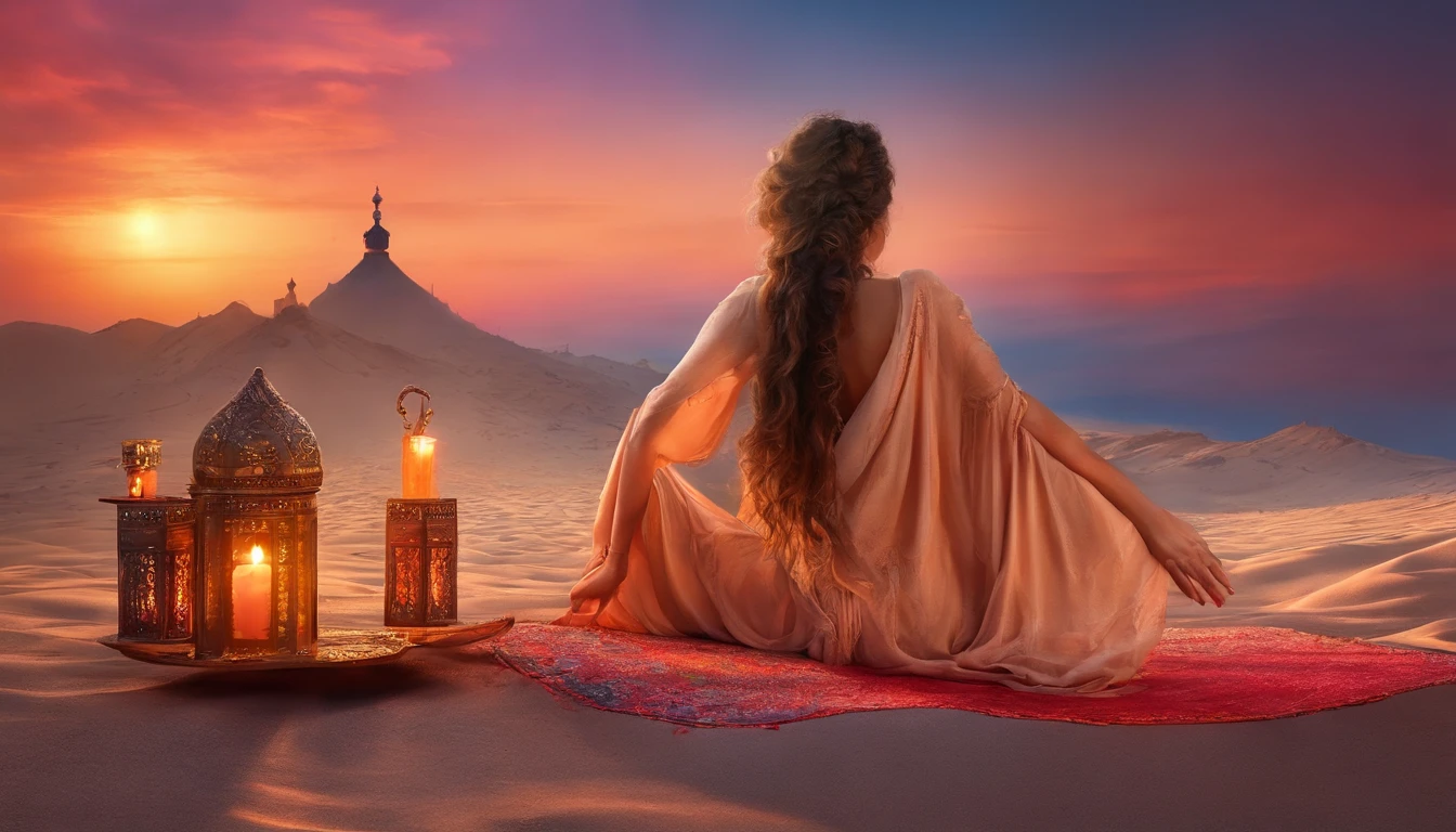 hyper realistic photo, fotografia ultra detalhada de um belo telhado marroquino, Woman crying face towards sight, from behind, ajoelhada, Chorando, lone, fotorrealista, Riad Telhado, Vista Marraquexe, dazzling moon in the sky, iridescente, hiper-realismo, Moroccan lamps, sexy, ultra fotorreal, detalhes intrincados, ultra detalhado, fotorrealista elegante, grandes detalhes altos, foto hiper real, 8k, Qualidade extrema, rosas lindas, exotic, luzes cintilantes, magica, Romantic, Moroccan tea, mint leaves