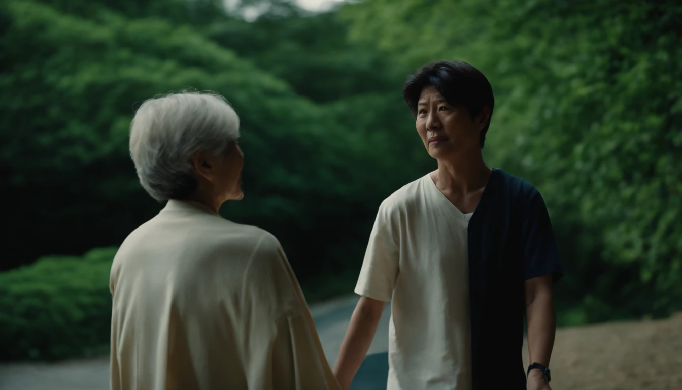 Japan mother and son 50-year-old mother and 18-year-old man 2a person Positive and standing canny scary atmosphere realistic top-quality delicate Live Action realisitic a picture 8K ultra-detailliert