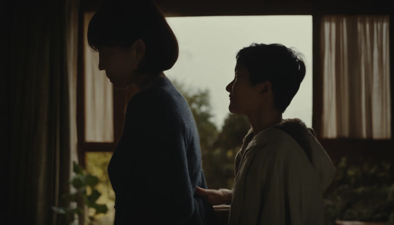 Japan mother and son 50-year-old mother and 18-year-old man 2a person Positive and standing canny scary atmosphere realistic top-quality delicate Live Action realisitic a picture 8K ultra-detailliert