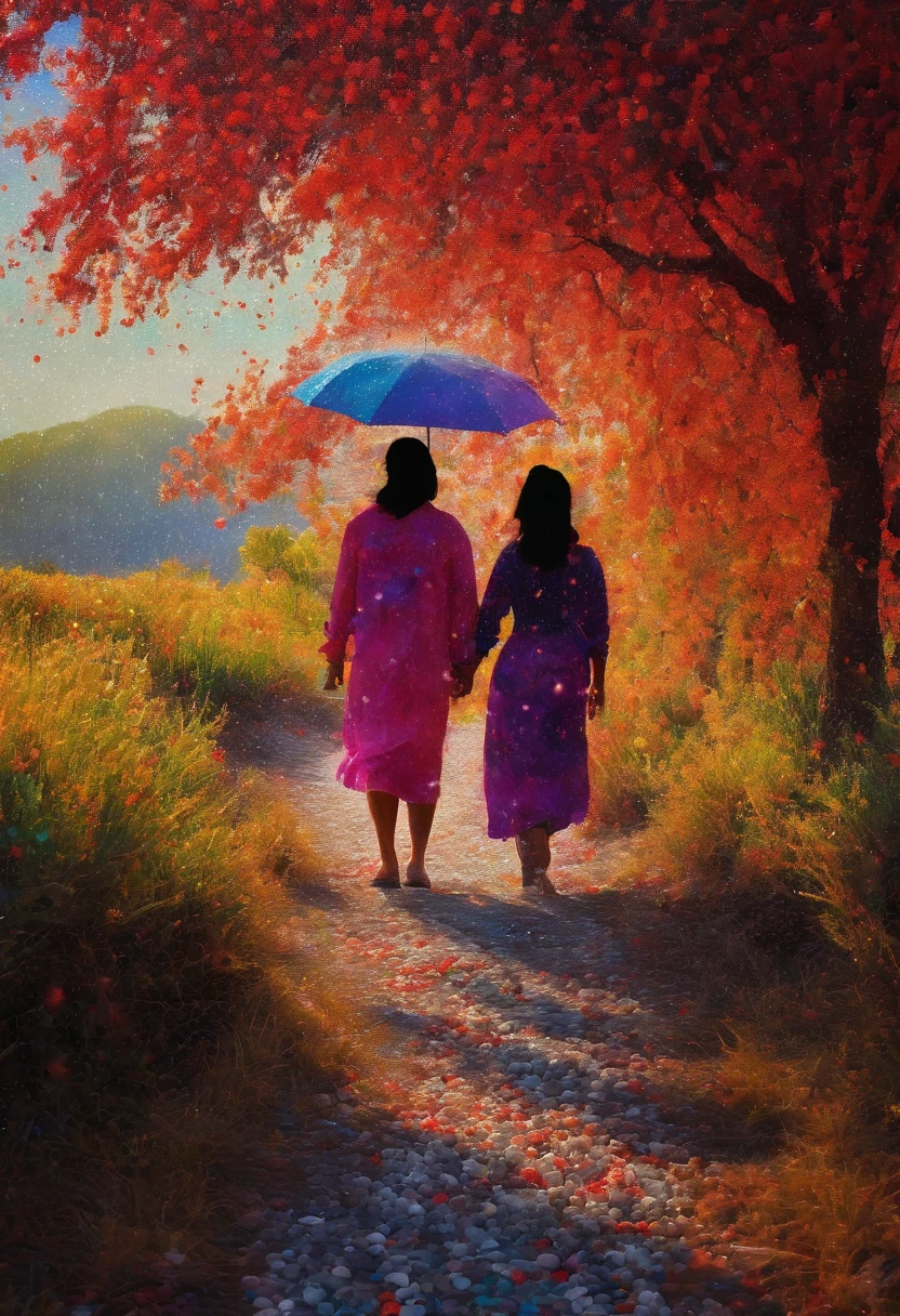 Una tarde paseando por un pueblo mexicano, after rain, una pareja de enamorados, absurdo, High resolution, Ultra detallado, (1 girl:1. 2), Dot painting technique, Sombras punteadas, Detalles intrincados, Small points, Efectos de textura, Degradados sutiles, Fascinating craftsmanship, infrared photography, Tonos de otro mundo, Paisajes surrealistas, luz invisible, ethereal glow, vivid colors, Efectos fantasma