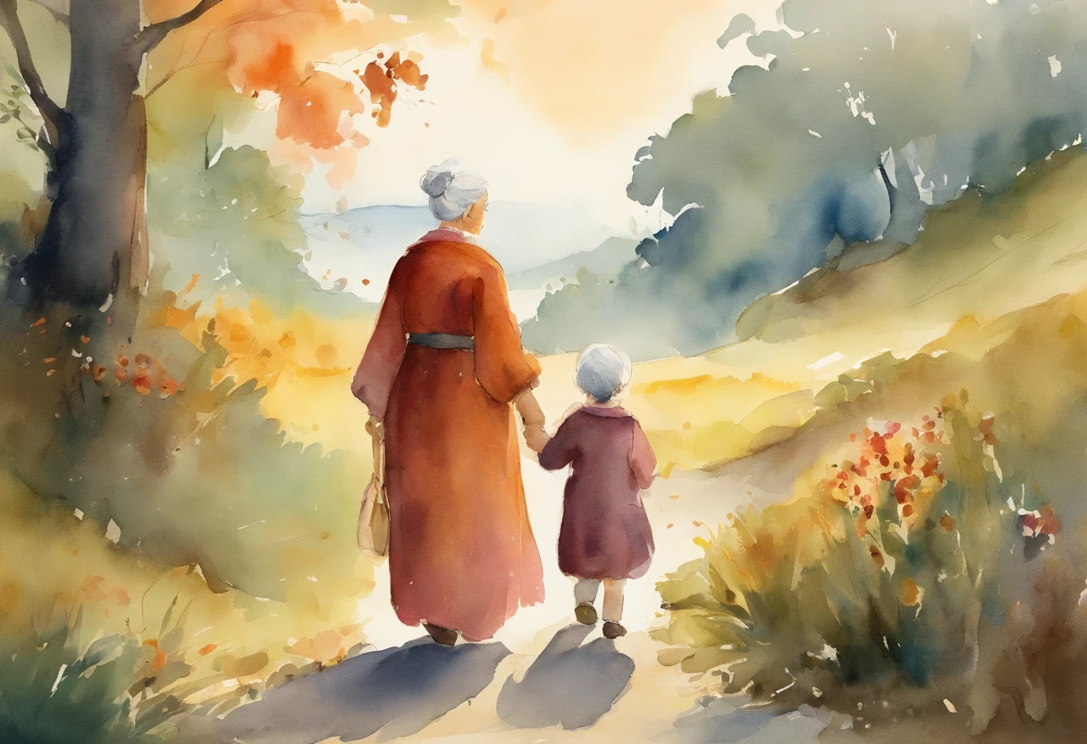 Ghibli style Simple illustration style、kawaii、A and an elderly grandmother、独奏、Character drawing,banners,a warm color palette