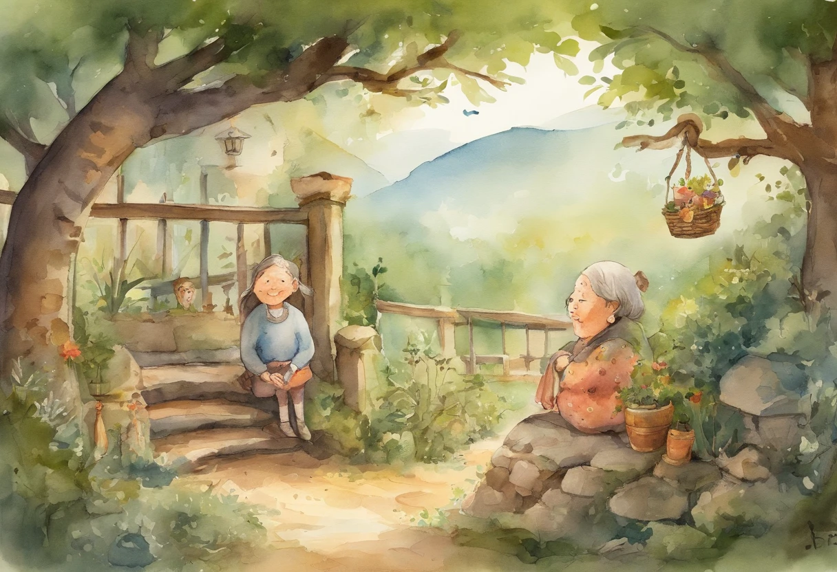 Ghibli style Simple illustration style、kawaii、A little girl and an elderly grandmother、独奏、Character drawing,banners,a warm color palette