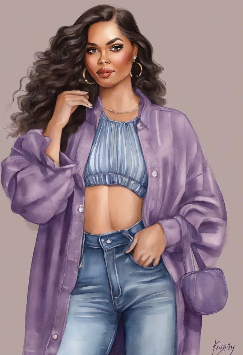 barnet, gorda, cabelo azul, cabelo cacheado, chibi, Denim Jeans Pants, lilac blouse, descolada, totalmente vestida, olhos pretos,desenho 3d, pulando, solid color backdrop, hand perfect
