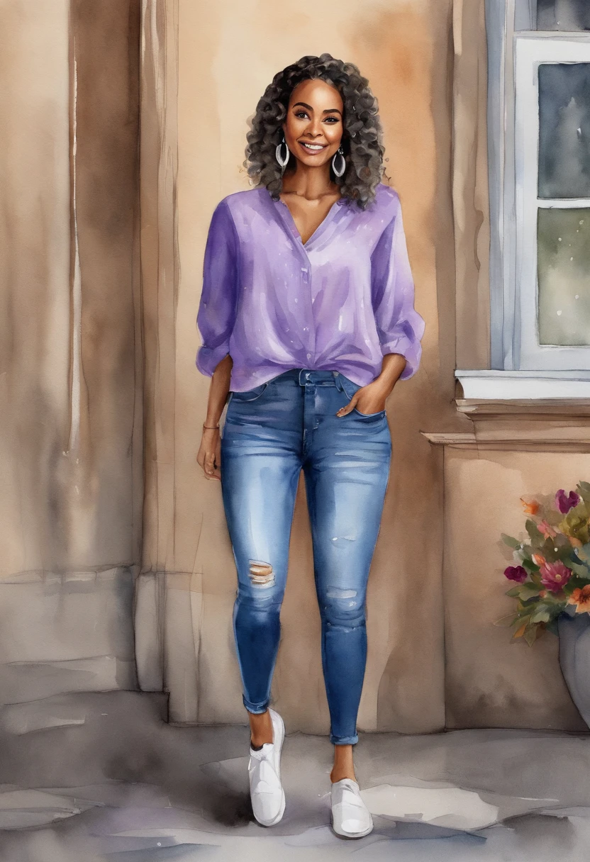 barnet, gorda, cabelo azul, cabelo cacheado, chibi, Denim Jeans Pants, lilac blouse, descolada, totalmente vestida, olhos pretos,desenho 3d, pulando, solid color backdrop, hand perfect