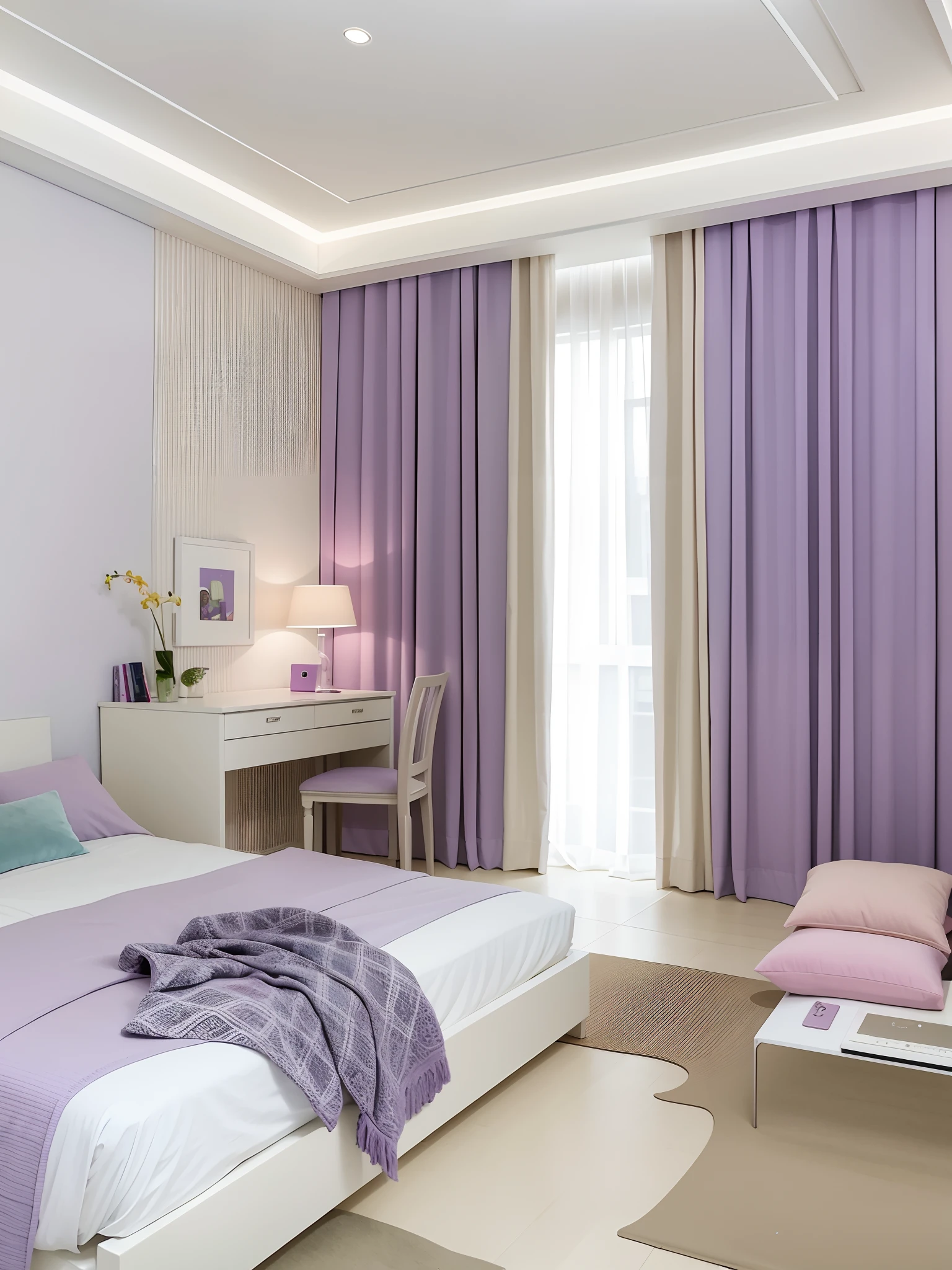 The Alafeld bedroom has a bed, desk, There is also a chair inside, purple drapery, light violet, modern pastel colours, Soft and dull colors, bright pastel color, Lavender and yellow color scheme, Violet color scheme, Pastel color, purple color-theme, purpleish color, violet colors, purple color-theme, bold pastel colors, Dull pastel colors