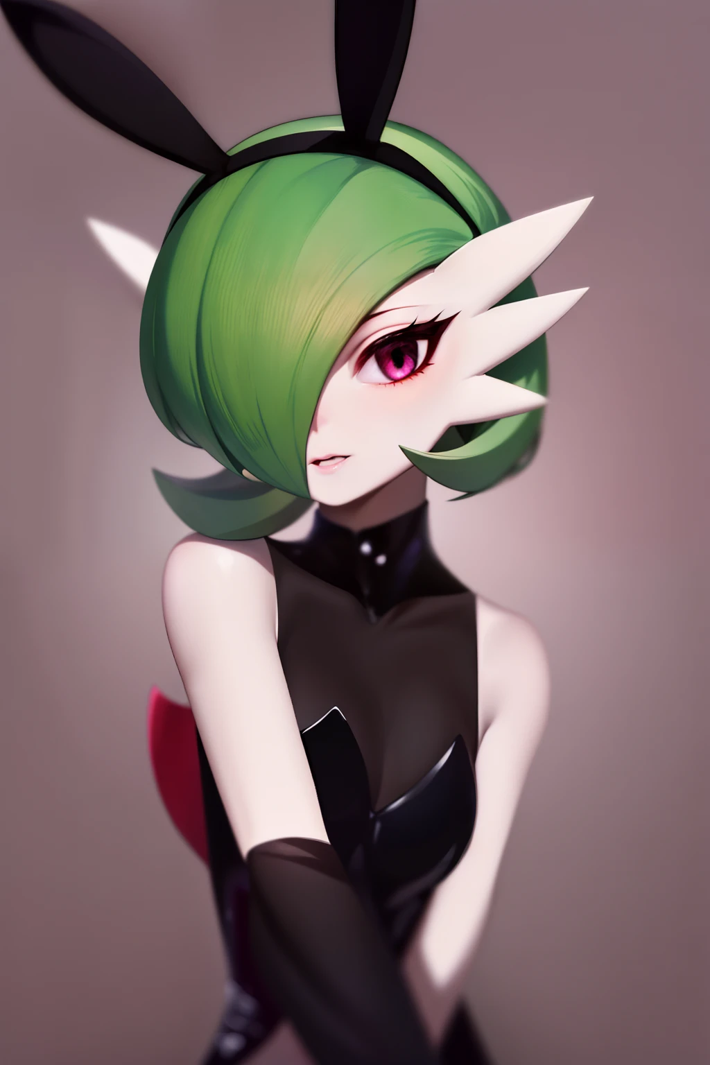 masterpiece, best_quality, 1girl, solo, gardevoir, creatures \(company\), game freak, nintendo, pokemon, pokemon \(game\), bangs, colored skin, female focus, gen 3 pokemon, green hair, green skin, hair over one eye, multicolored skin, pokemon \(creature\), red eyes, short hair, two-tone skin, white skin, playboy bunny, black leotard,