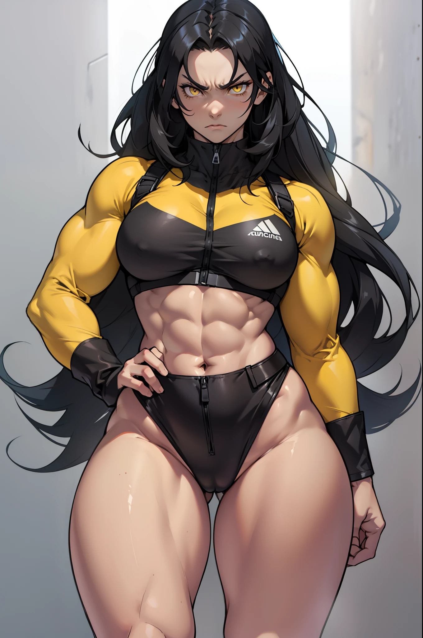 (((muscular))) 1 girl (thick thighs) (thin waist) (perky breasts) pale skin black hair long hair yellow eyes toned body angry, curvy wide hips (grey background)