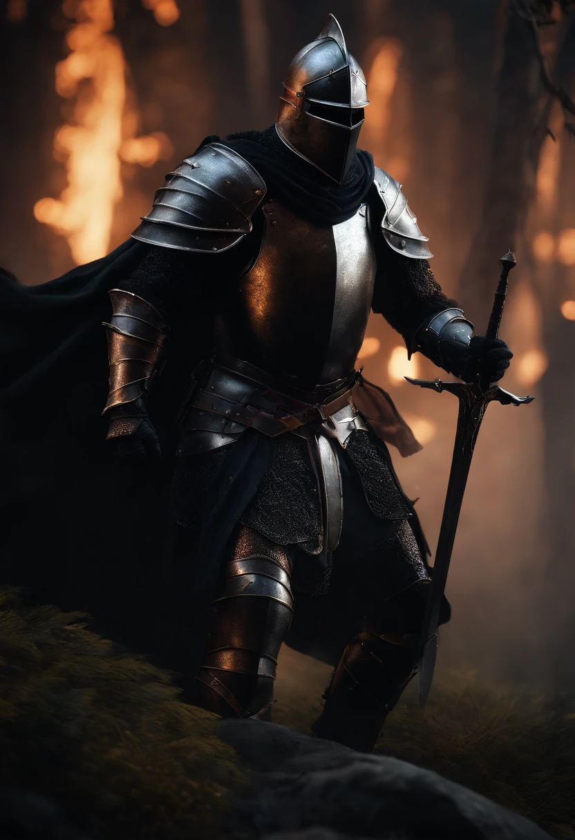 The black knight, strong male, not fat, spiked armor, dark horror, overlooking battlefield, greatsword, cinematic, fine details, 8k, (dark shot:0.7), Subsurface scattering, (ambient lighting:1.3), (ArtStation:1.3)