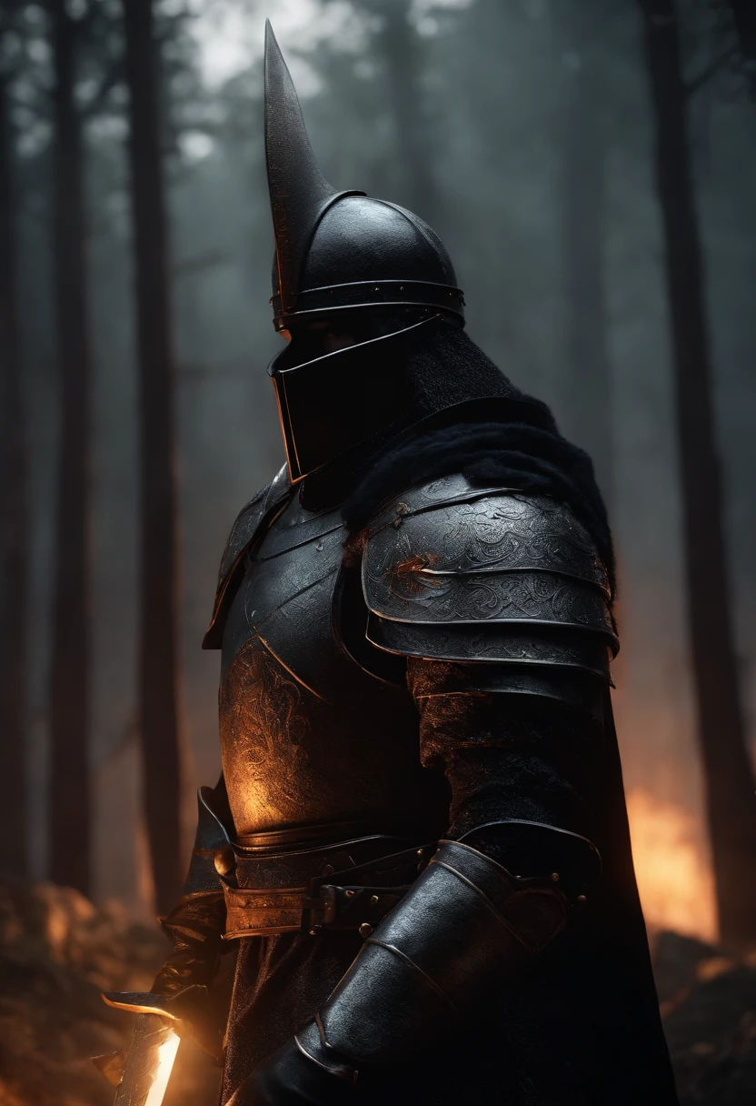 The black knight, strong male, not fat, spiked armor, dark horror, overlooking battlefield, greatsword, cinematic, fine details, 8k, (dark shot:0.7), Subsurface scattering, (ambient lighting:1.3), (ArtStation:1.3)