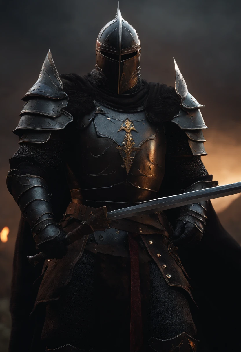 The black knight, strong male, not fat, spiked armor, dark horror, overlooking battlefield, greatsword, cinematic, fine details, 8k, (dark shot:0.7), Subsurface scattering, (ambient lighting:1.3), (ArtStation:1.3)