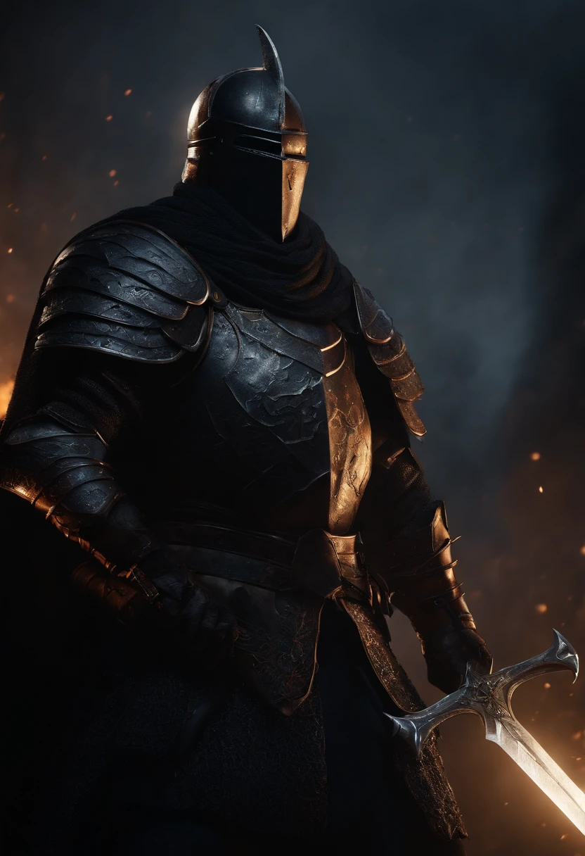 The black knight, strong male, not fat, spiked armor, dark horror, overlooking battlefield, greatsword, cinematic, fine details, 8k, (dark shot:0.7), Subsurface scattering, (ambient lighting:1.3), (ArtStation:1.3)