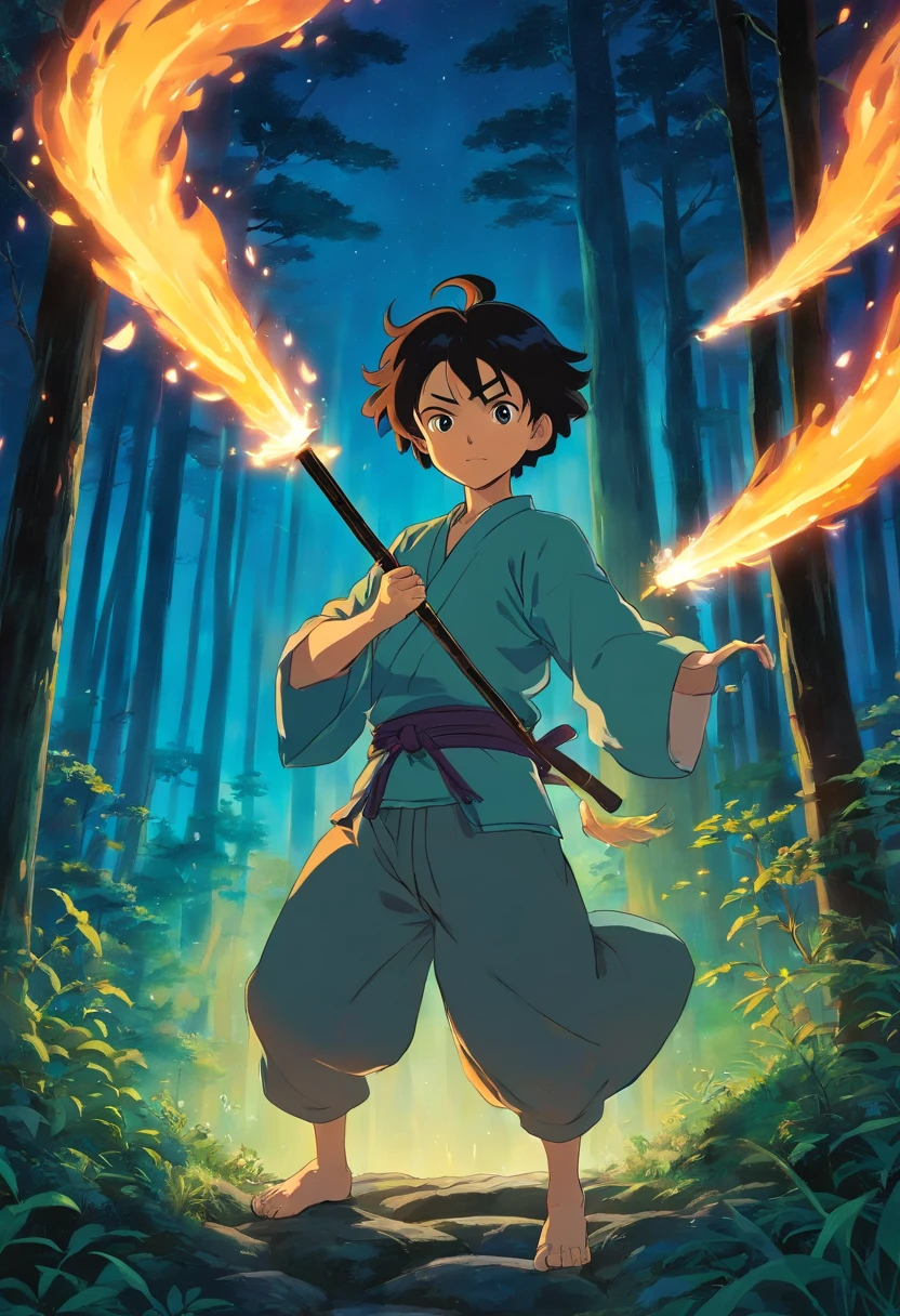Man, cabelos pretos, corte de cabelo curto inclinado para baixo, Olhos escuros, Kimetsu no Yaiba Estilo de Arte, olhar calmo, katana in hand, Breathing flames, medium stature, Location in the forest at night, Kimetsu no Yaiba clothing style