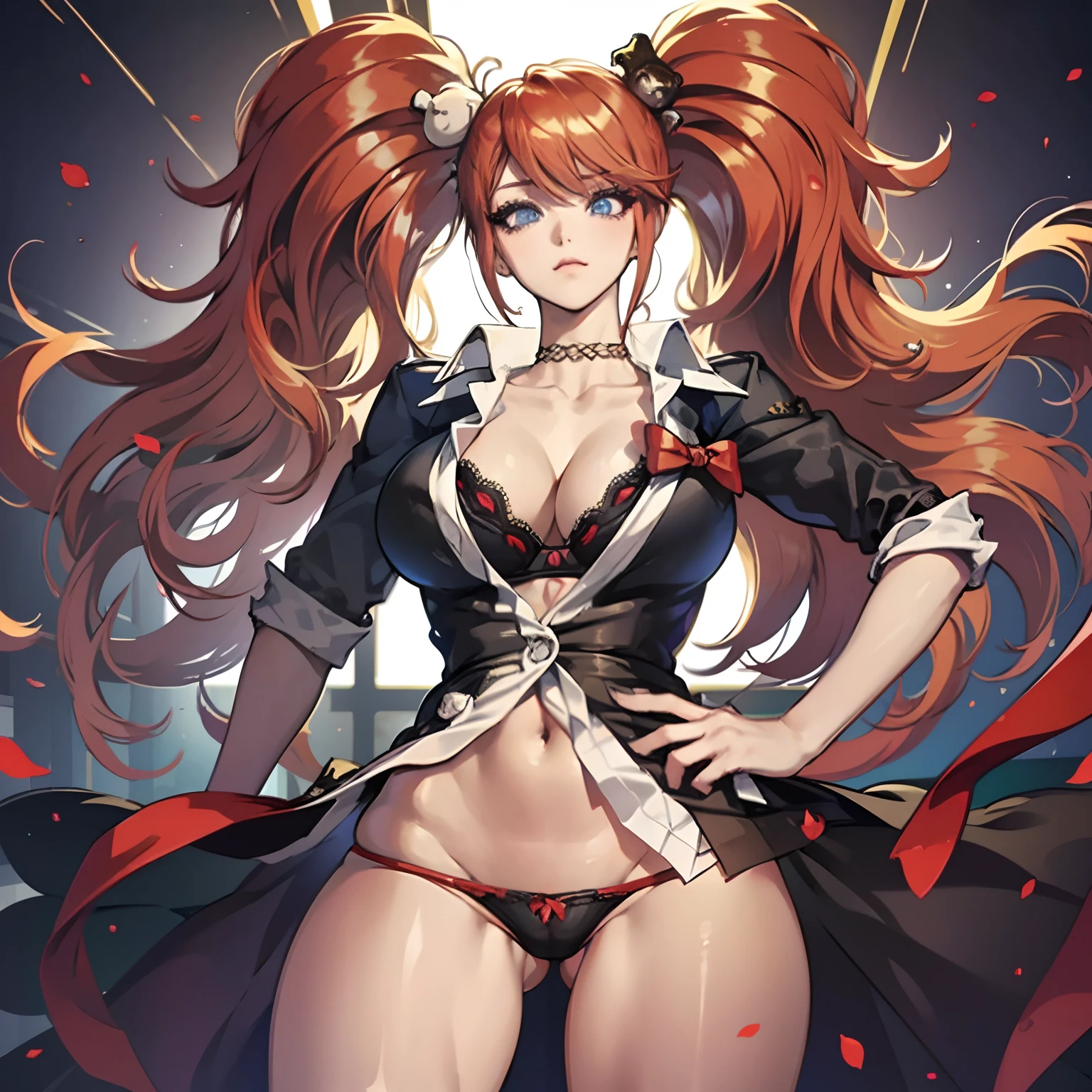 (NSFW:1.1)animemanga girl, , gigantic cleavage breasts, thick thight, a sexy pose, Just a transparent shirt, no underwares, Open legs, red hair, full bodyesbian, dampness, with no underpants, In bras, Bulky breasts, emerges