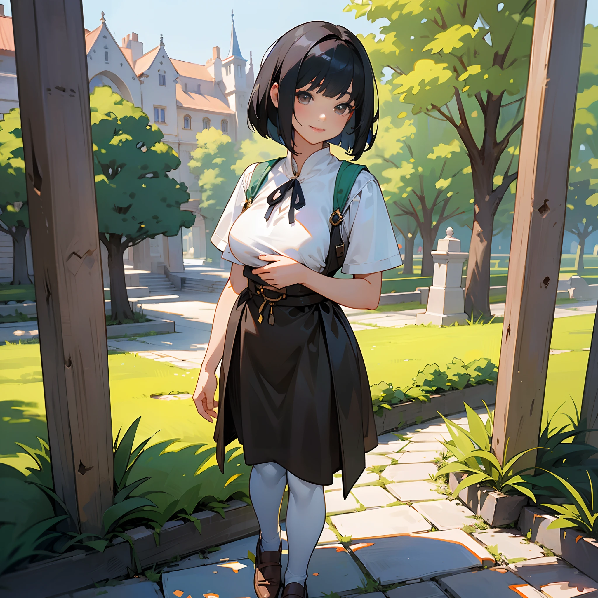 With the best image quality、 girl standing alone outdoors。In high resolution、Beautiful fine details、tranquil atmosphere。((Black Hair Bob Hair))、Cute smile。(((breasts are large)))、I don't have anything in my hands、realistic hand、Medieval European national costume with short sleeves、Medieval European Streets、Leather shoes。