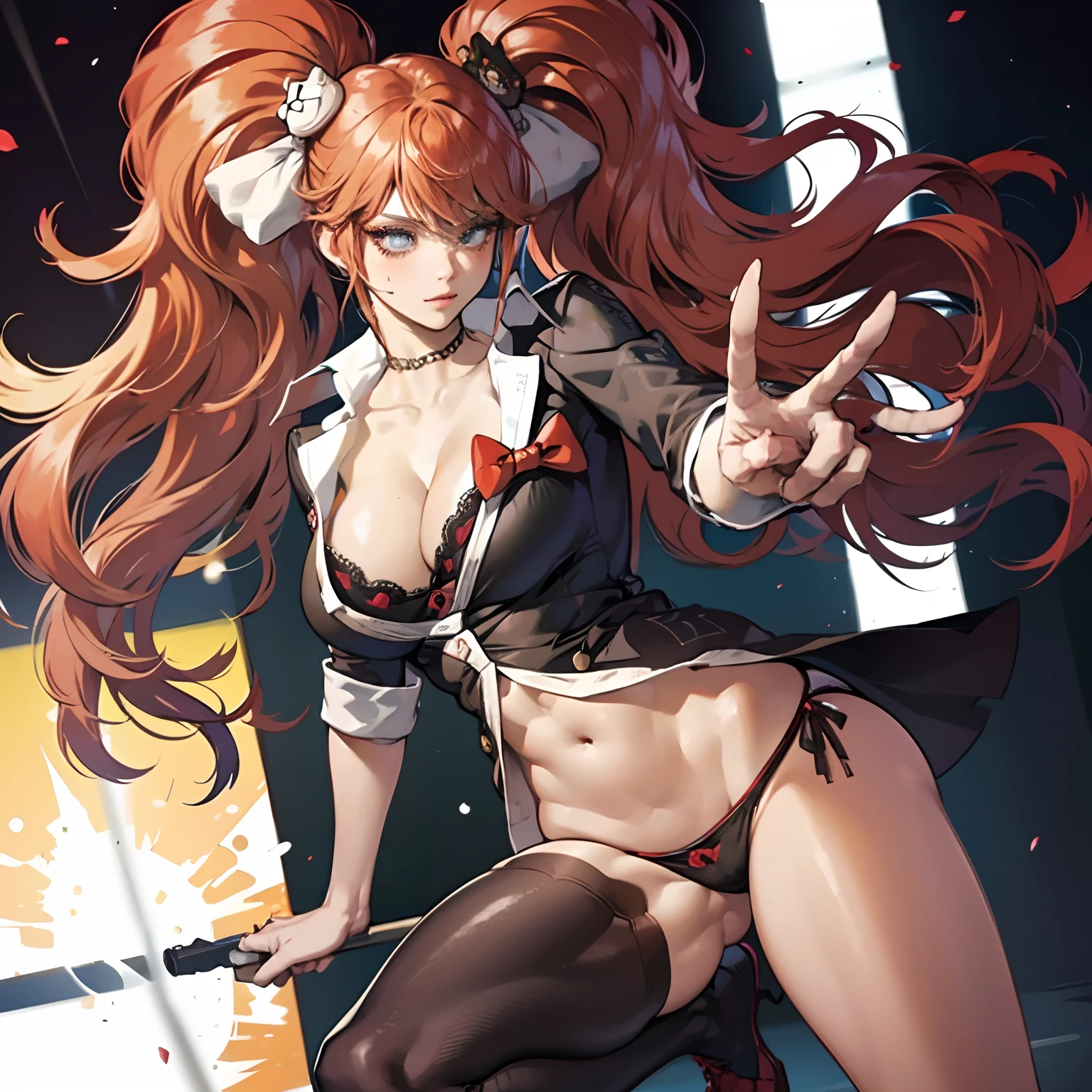 （NSFW：1.1）animemanga girl， ， gigantic cleavage breasts， thick thight， a sexy pose， Just a transparent shirt， no underwares， Open legs， red hair， full bodyesbian， dampness， with no underpants， In bras， Bulky breasts， emerges