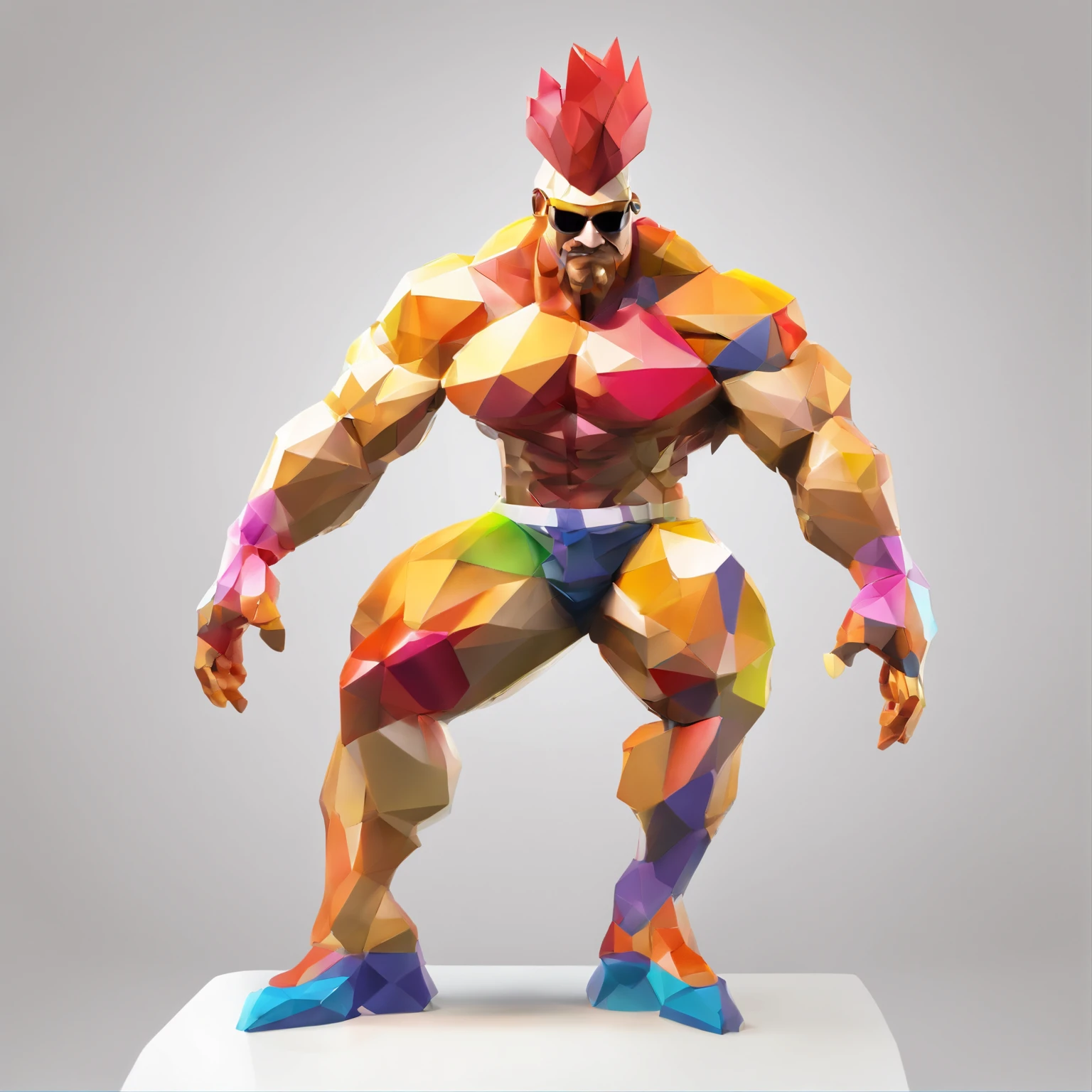 body builder、Only the head is a chicken human、colourfull、Perfect alignment, body builder、Chickens only the head,Crystal Vase,Rose flower, Wearing sunglasses, cheerfulness, Standing position, Abstract beauty, Centered, Looking at the camera, Facing the camera, Approaching perfection, Dynamic, Highly detailed, Smooth, Sharp Focus, 8K, hight resolution, Illustration, art by carne griffiths and wadim kashin, White background、Kitchen car