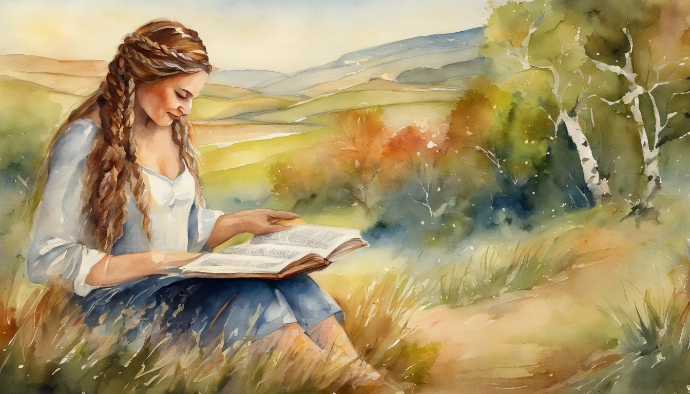Landscape woman with book Braided Hair Wind Swinging Hair with Puppy Extimation