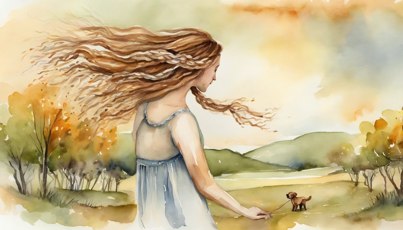 Landscape woman with book Braided Hair Wind Swinging Hair with Puppy Extimation