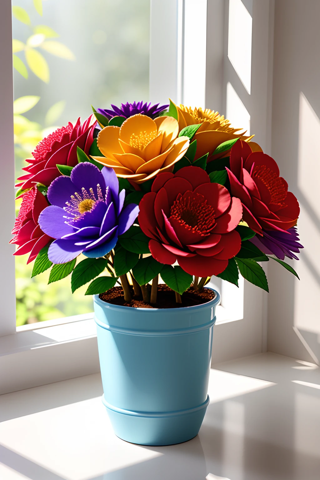 Clay Flower Tray, Colorful flowers, a magical colorful flower, Colorful flowers, Colorful flowers, Colorful flowers and plants, by the window, sunlight coming in, Many details, High quality, 8K clay pot, Multicolored roses, by the window, sunlight coming in, White background, Many details, High quality, 8K,