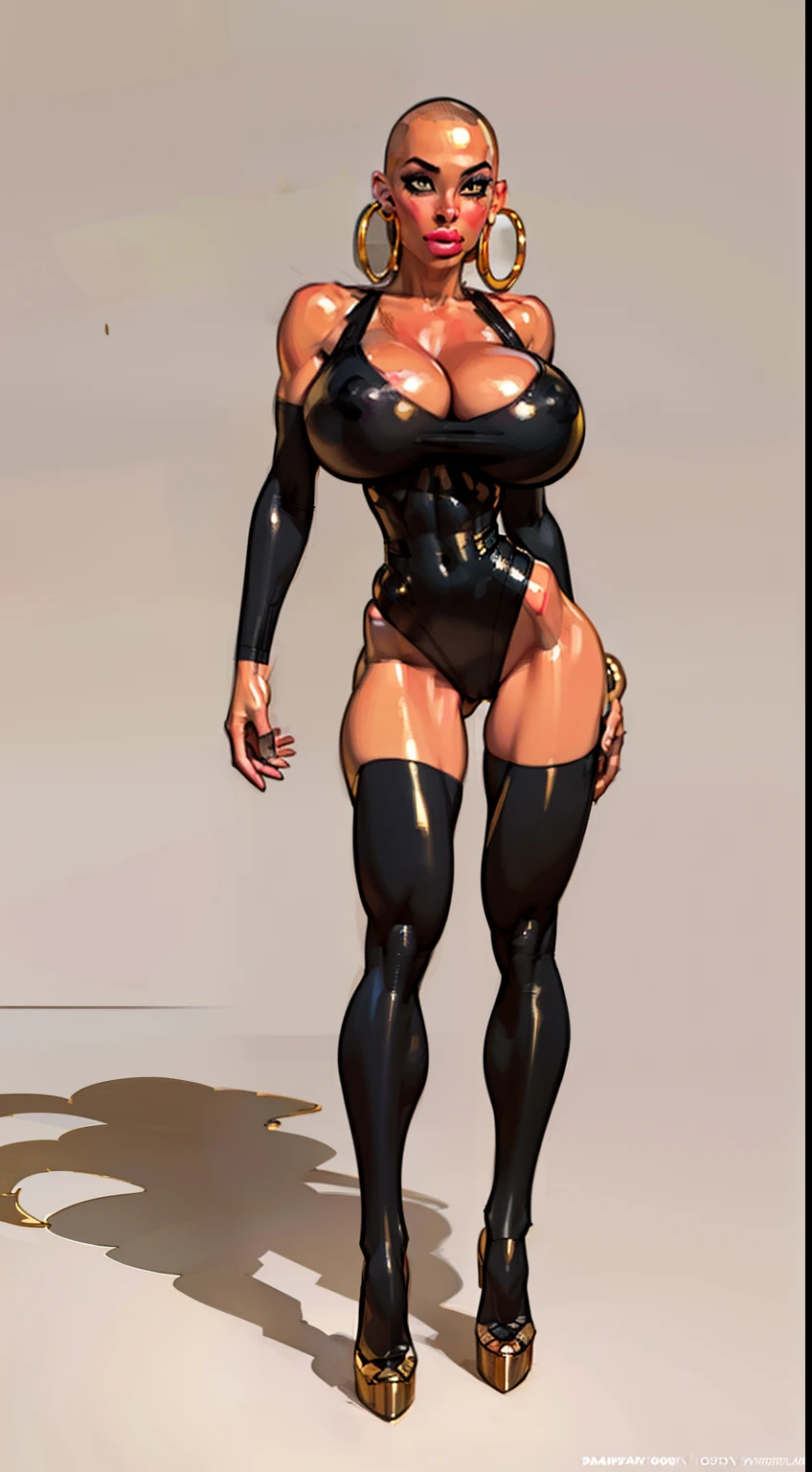 close up, ((masterpiece)),(((best quality))),((character)), ((full body view)) ((black woman)) ((skinhead:1.4)) ((seductive pose)) mature face, defined cheekbones, high cheekbones, illustration, girl, muscular, (saving bald head:1.4)), sexy bimbo, (gigantic breasts:1.4), ((detailed face:1.4)) beautiful woman, (leotard:1.4), (gold hoop earrings:1.6), (thighhigh:1.4) (black lipstick:1.3) , shiny skin, scribbles and marks,(puffy lips:1.5) , rough sketches, 8k,16k, (simple background, white background: 1.3), (black skin :1.5)
