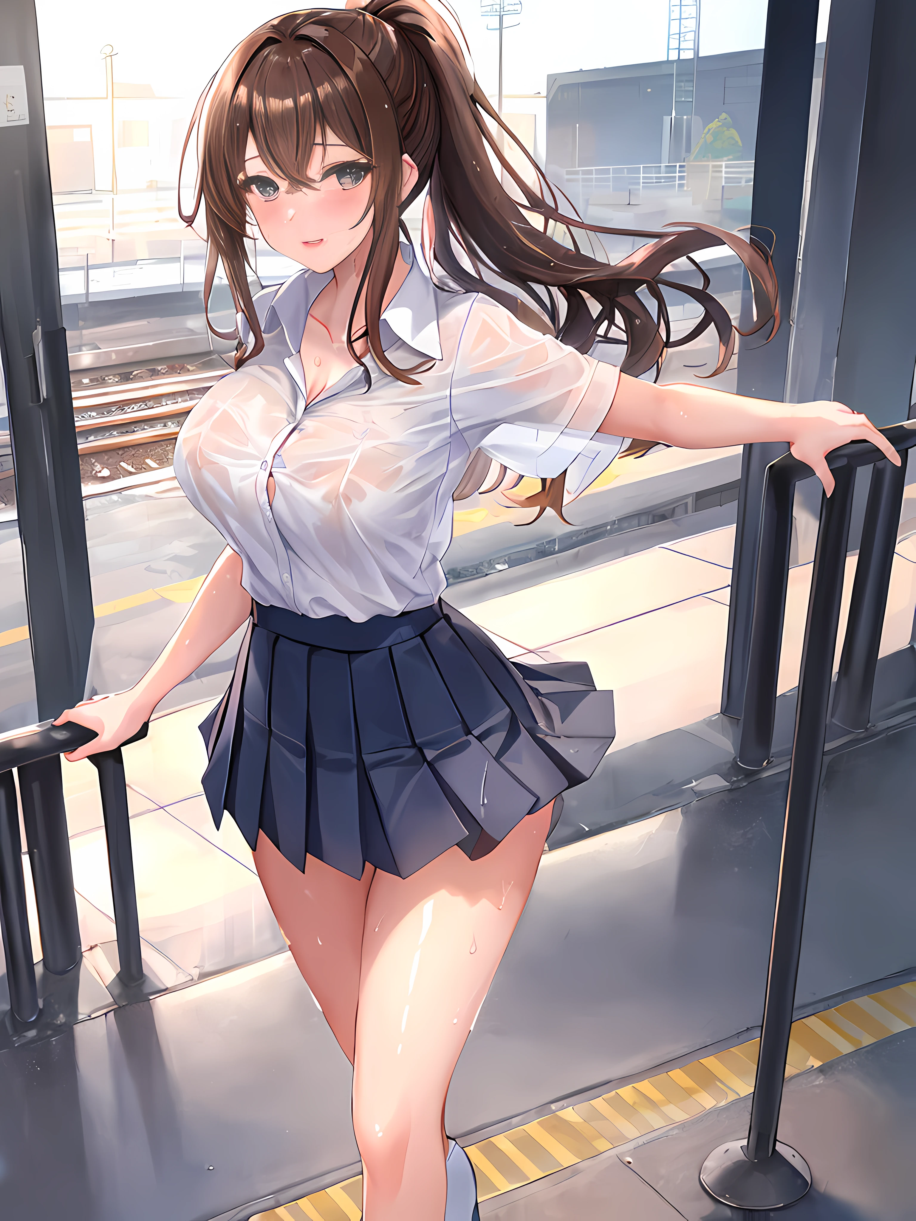 at a train station, summer, sweat and wet clothes, blouse translucent from the rain completely unbuttoned revealing her large breasts under her blouse, perverted look, lustful pose, looking at the camera excitedly with a reddened face, a beautiful girl, high school student, 17 years old, /(beautiful perfect detailed eyes, thin lips, tapered hands and long thin detailed fingers, hourglass shaped athletic body, shapely legs, white skin, shoulder length light brown hair combed in a ponytail, honey colored eyes,), /(school uniform: a white v-neck blouse, blue miniskirt with white line patterns and pleats, patent leather shoes), best quality, hdr, uhd, depth of field, wide angle, full body shot, finely detailed beautiful face and eyes, 8k, dark intense shadows,