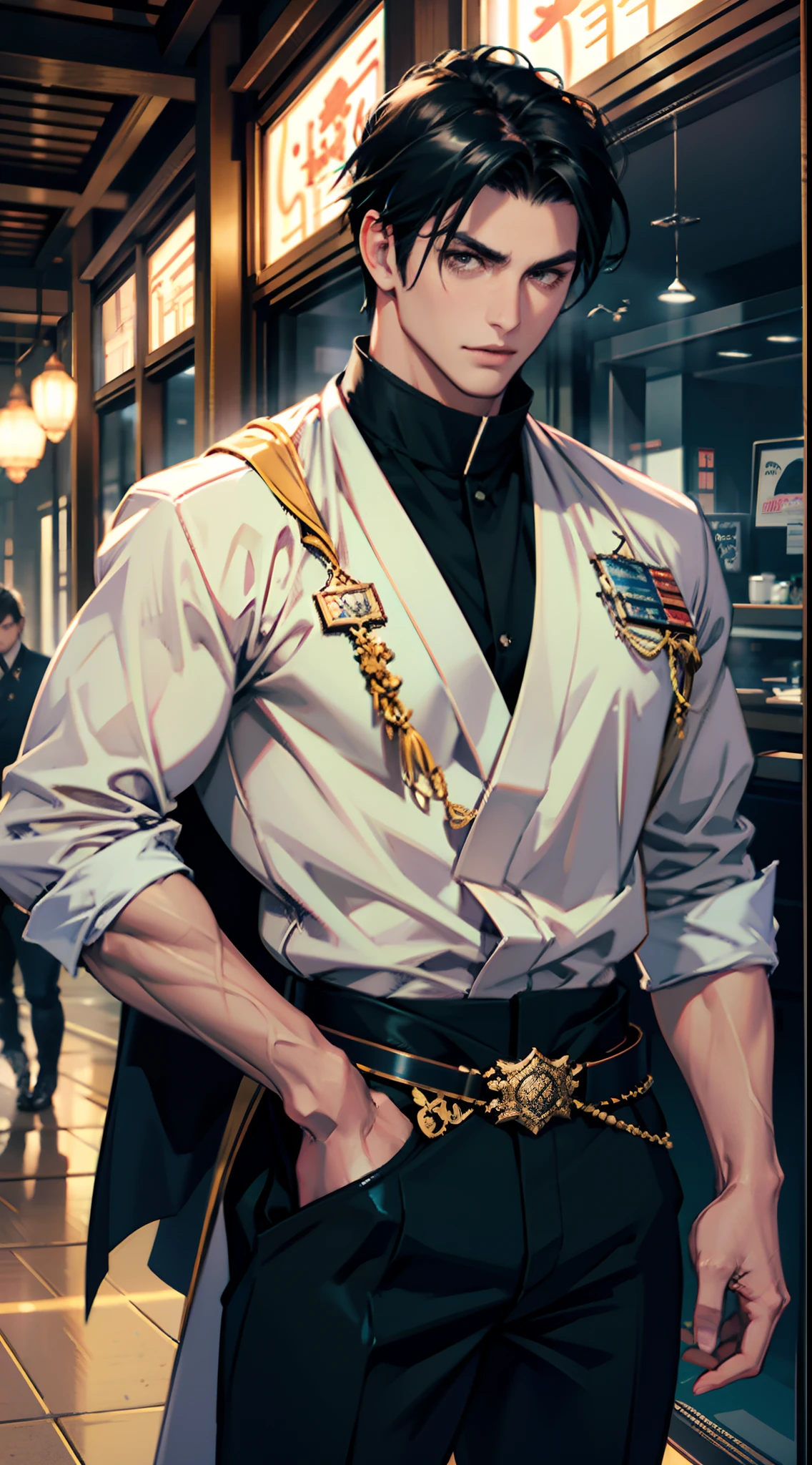Roy Mustang , handsome man , black hair , black eyes , ((muscular)), mature man ,Asian , light skin
, photore, Soft and soft lighting, smooth detailed, octanerender, ArtStation Trends, hyper-high detail, Ultra photo realsisim, cinematic ligh,16k,Cowboy Spring
