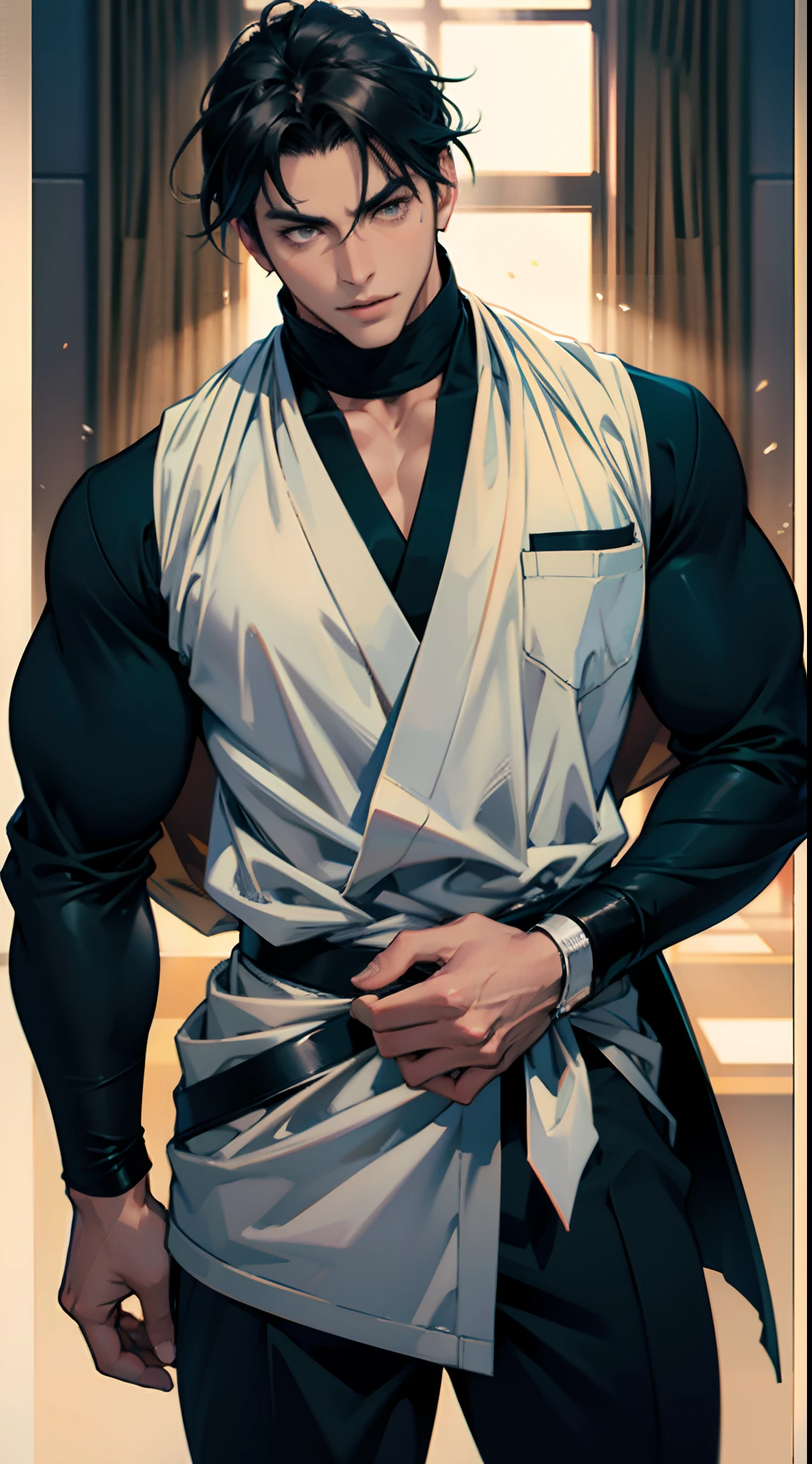 Roy Mustang , handsome man , black hair , black eyes , ((muscular)), mature man ,Asian , light skin
, photore, Soft and soft lighting, smooth detailed, octanerender, ArtStation Trends, hyper-high detail, Ultra photo realsisim, cinematic ligh,16k,Cowboy Spring